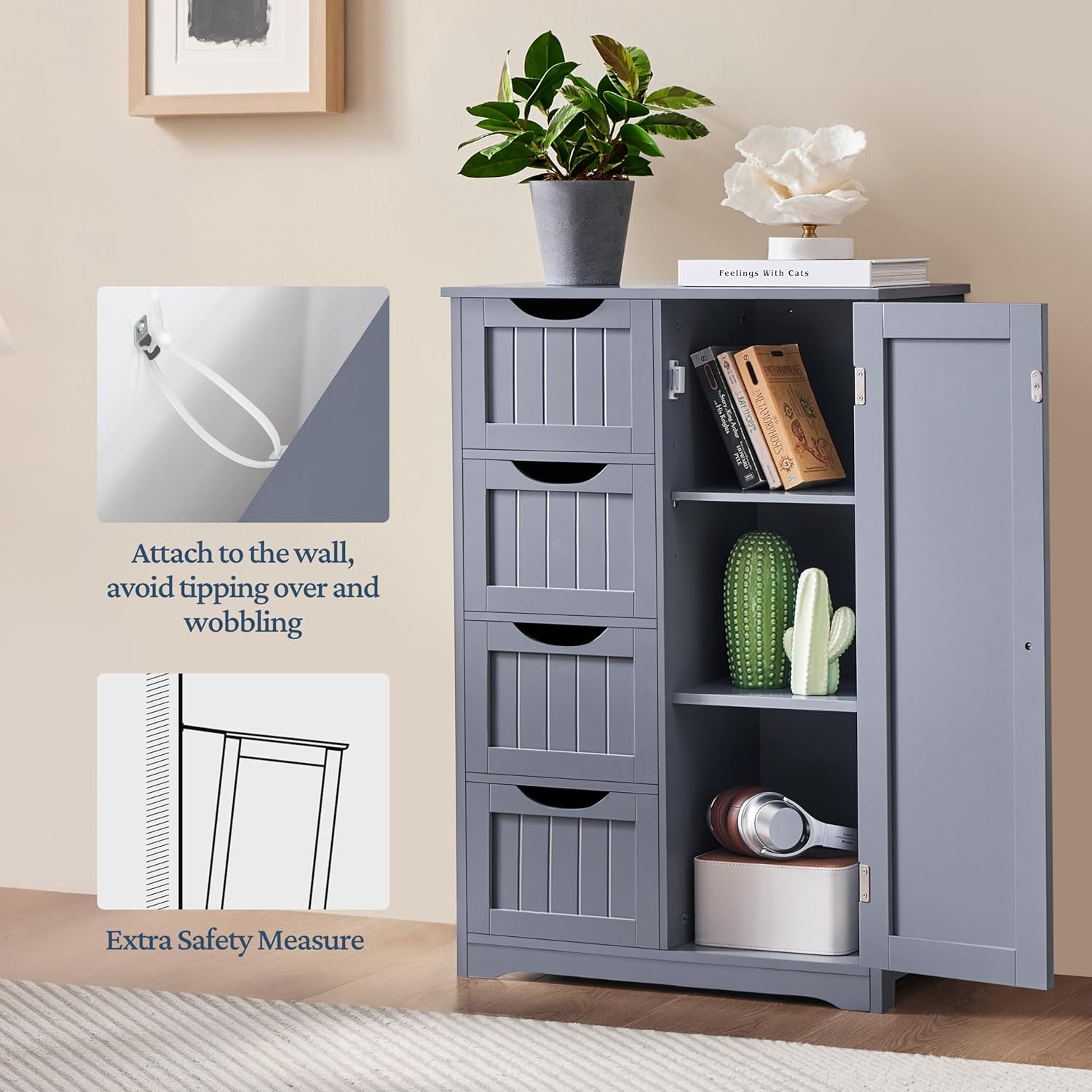 Yaheetech Bathroom Floor Cabinet, Freestanding Storage Organizer Unit Kitchen Cupboard W/ 4 Drawers & Adjustable Shelves, Using for Kitchen/Bathroom, Gray