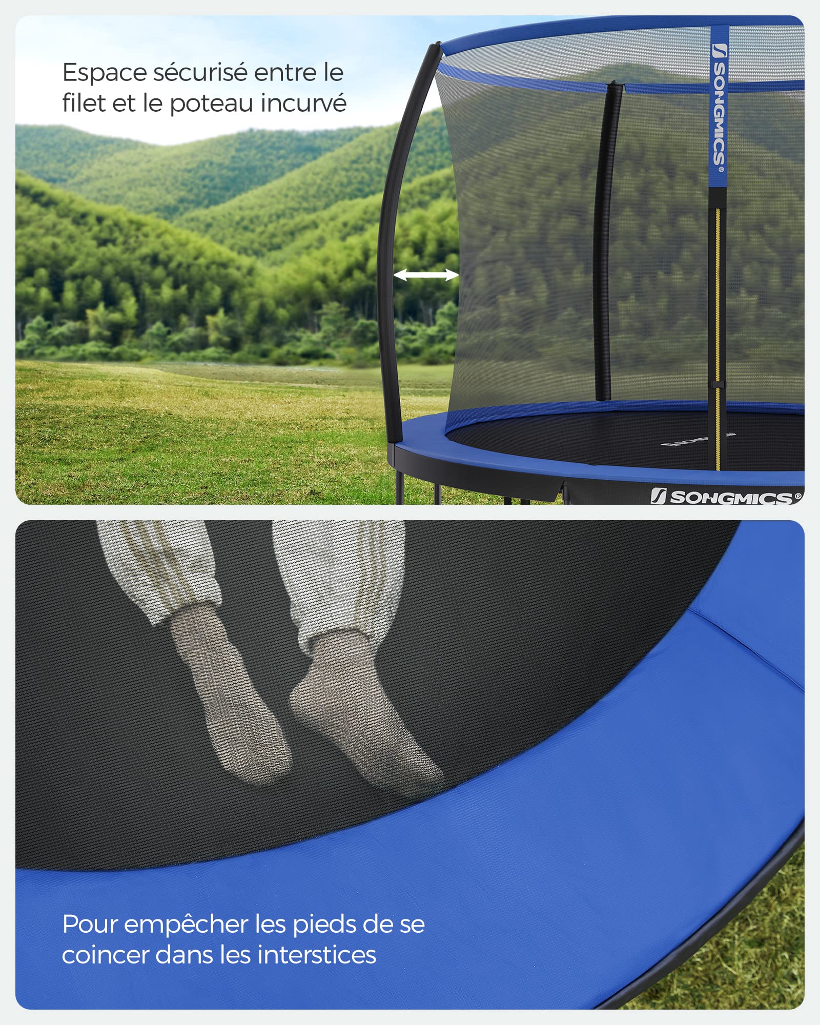 SONGMICS Trampoline Extérieur Enfant Diamètre 244/305/366/427 cm, Filet de Protection, Poteau Incurvé de 180 cm de Haut, Coussins de Sécurité, Échelle, Cadre en Acier