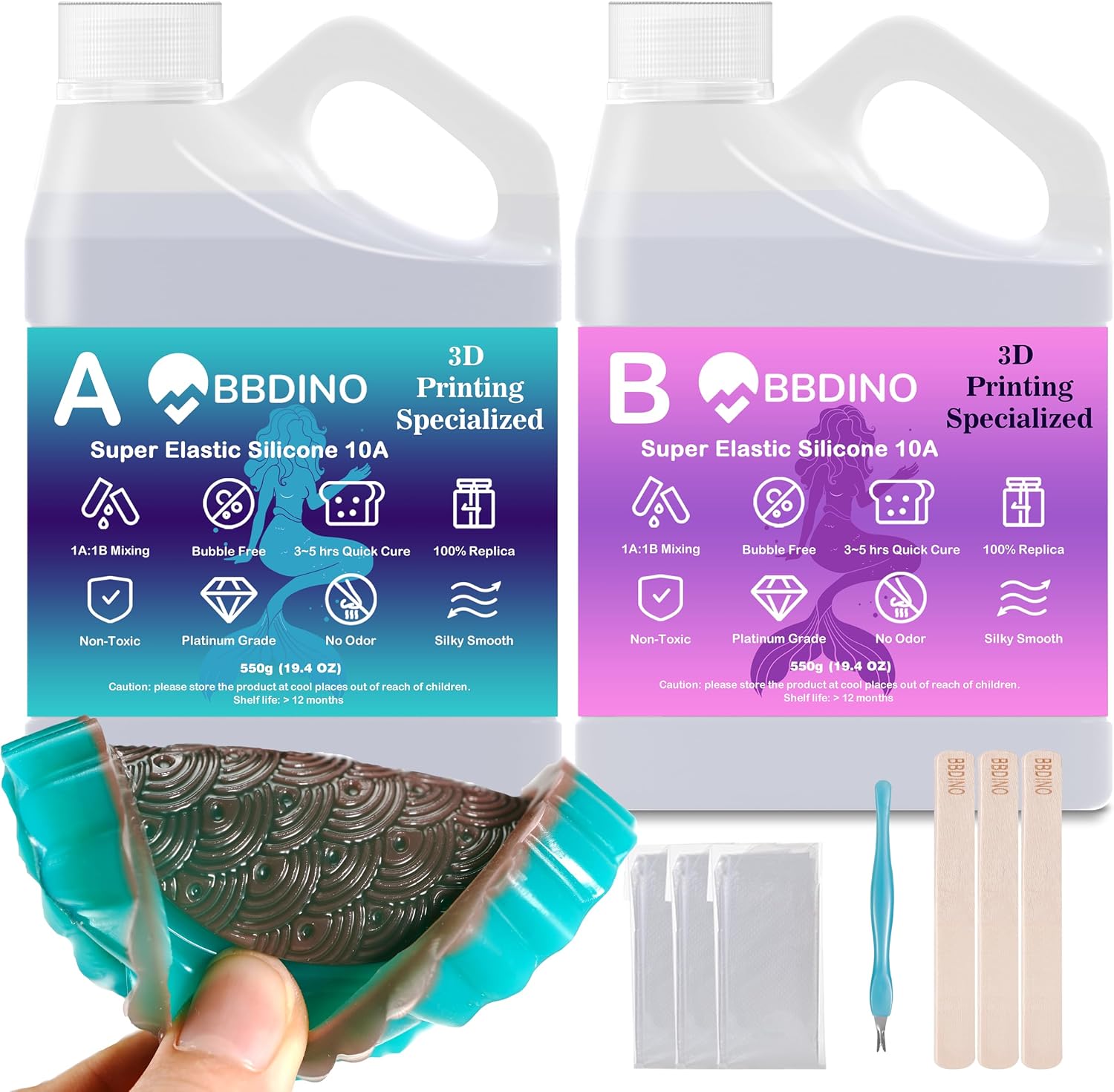 BBDINO Anti Cure Inhibition Silicone Mold Making Kit Super Elastic 10A - 1100g Platinum Silicone for Mold Making, Clear 1:1 by Volume, Specialize for 3D Printing Project & Clay Sculpture Molding