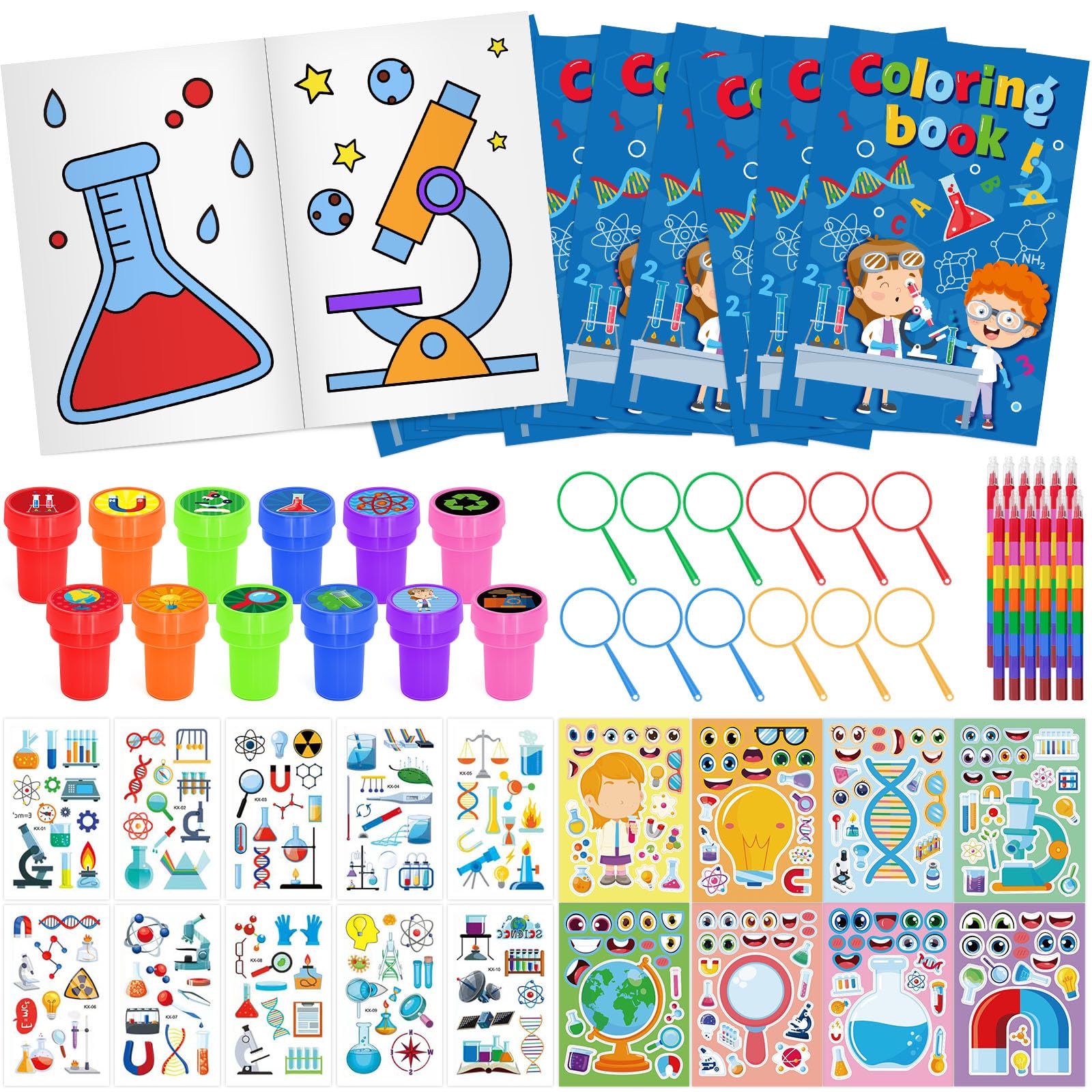 Cinrobiye 72 PCS Science Coloring Books Party Favors Set Science Party Favors Goodie Bag Fillers Science Birthday Supplies DIY Scene Stickers Temporary Tattoos Prizes Art Crafts for Home Classroom