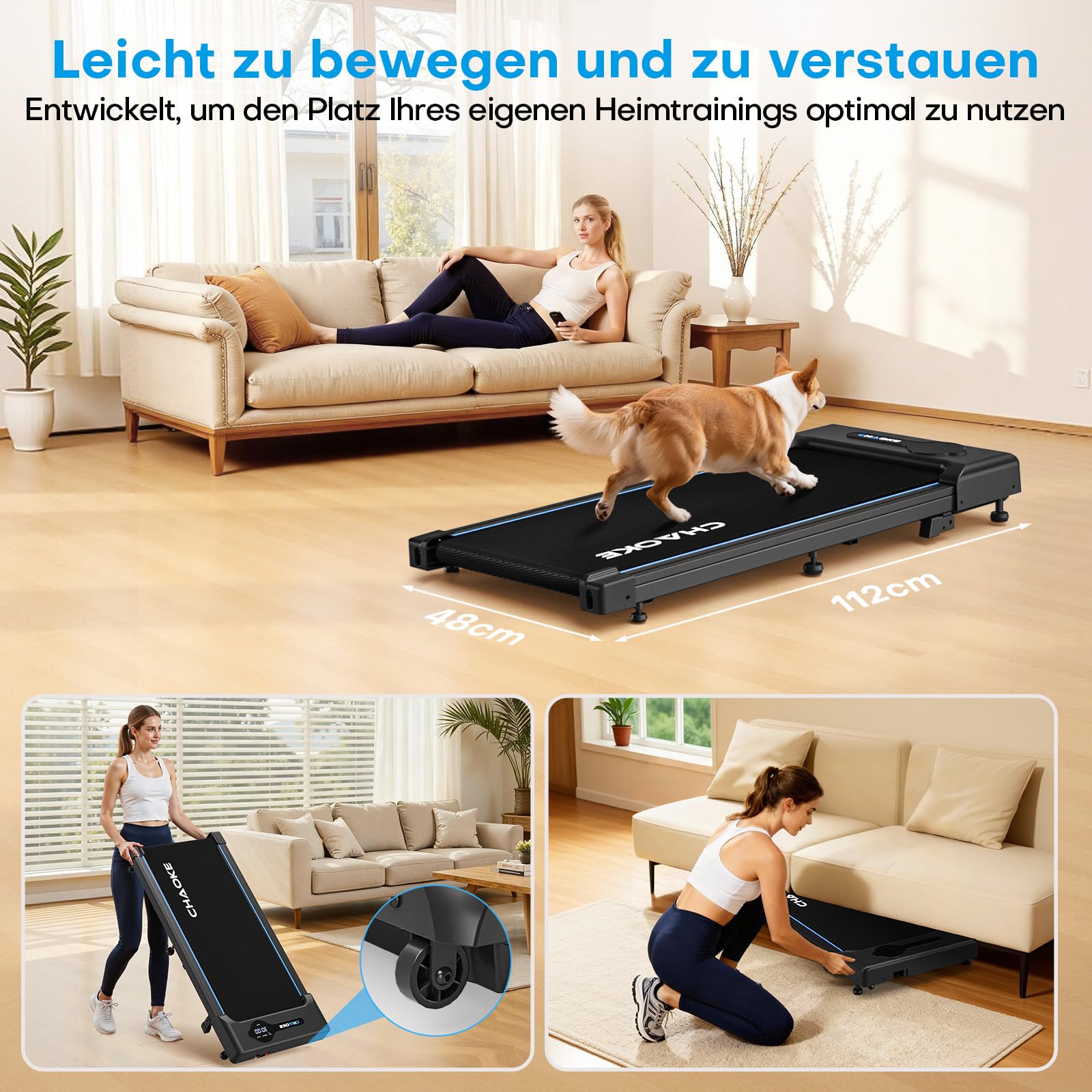 CHAOKE Tapis Roulant sous Bureau Haute Performance – Inclinaison 9%, 150 kg de capacité, 12 HIIT, télécommande