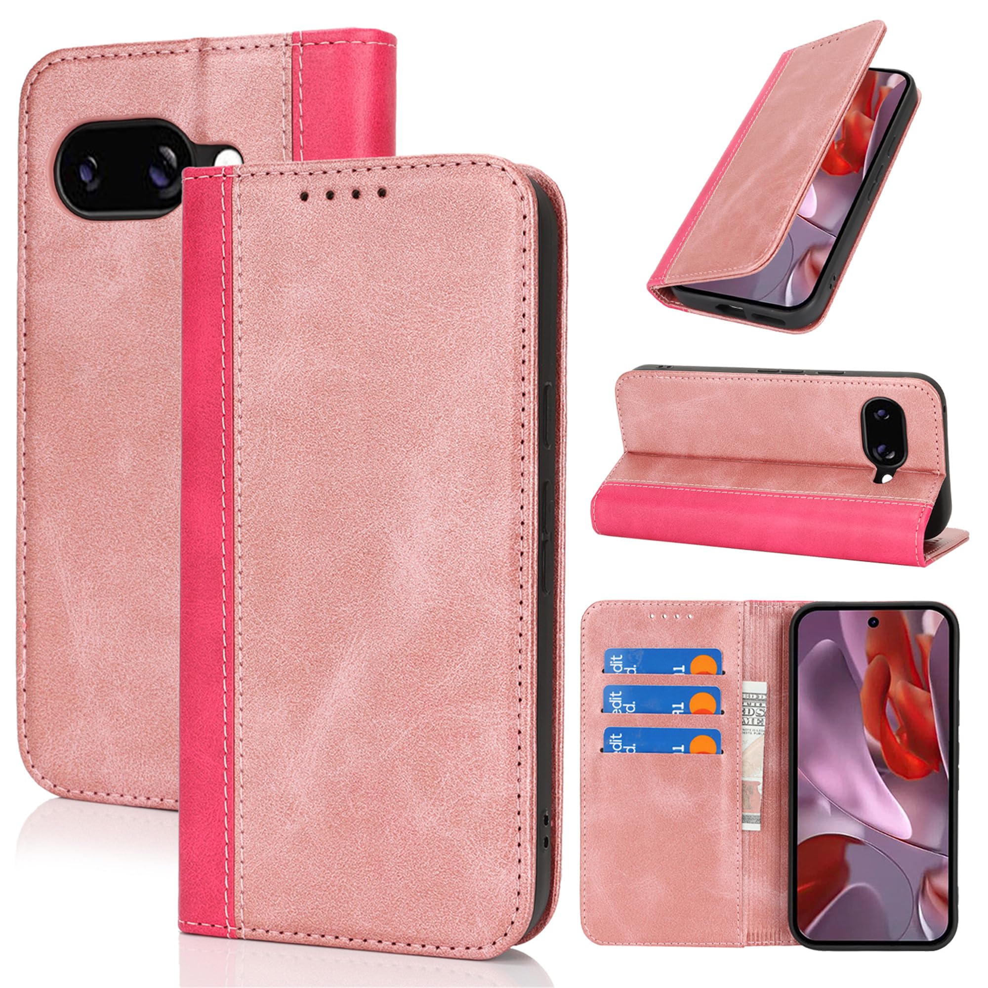 Google Pixel 9a ケース グーグル Pixel 9a 手帳型 Google ピクセル 9a カバー グーグル ピクセル 9a 手帳ケース Google Pixel 9aスマホケース Google Pixel 9a携帯カバー case 適用 zouzt 合成皮革 財布型 カード収納 マグネット 横置きスタンド機能 二つ折り 手作り おしゃれ - ピンク+ローズレッド