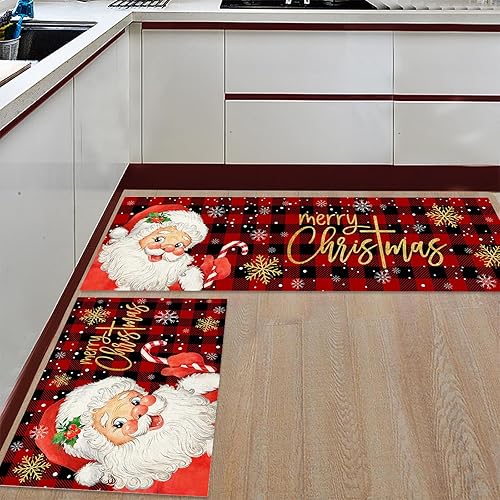 Miniatura 2 de Alfombra de camino de cocina, tapete de camino de Navidad, Papá Noel, rojo, negro, búfalo, copos de nieve, Navidad, invierno, antideslizante, tapete