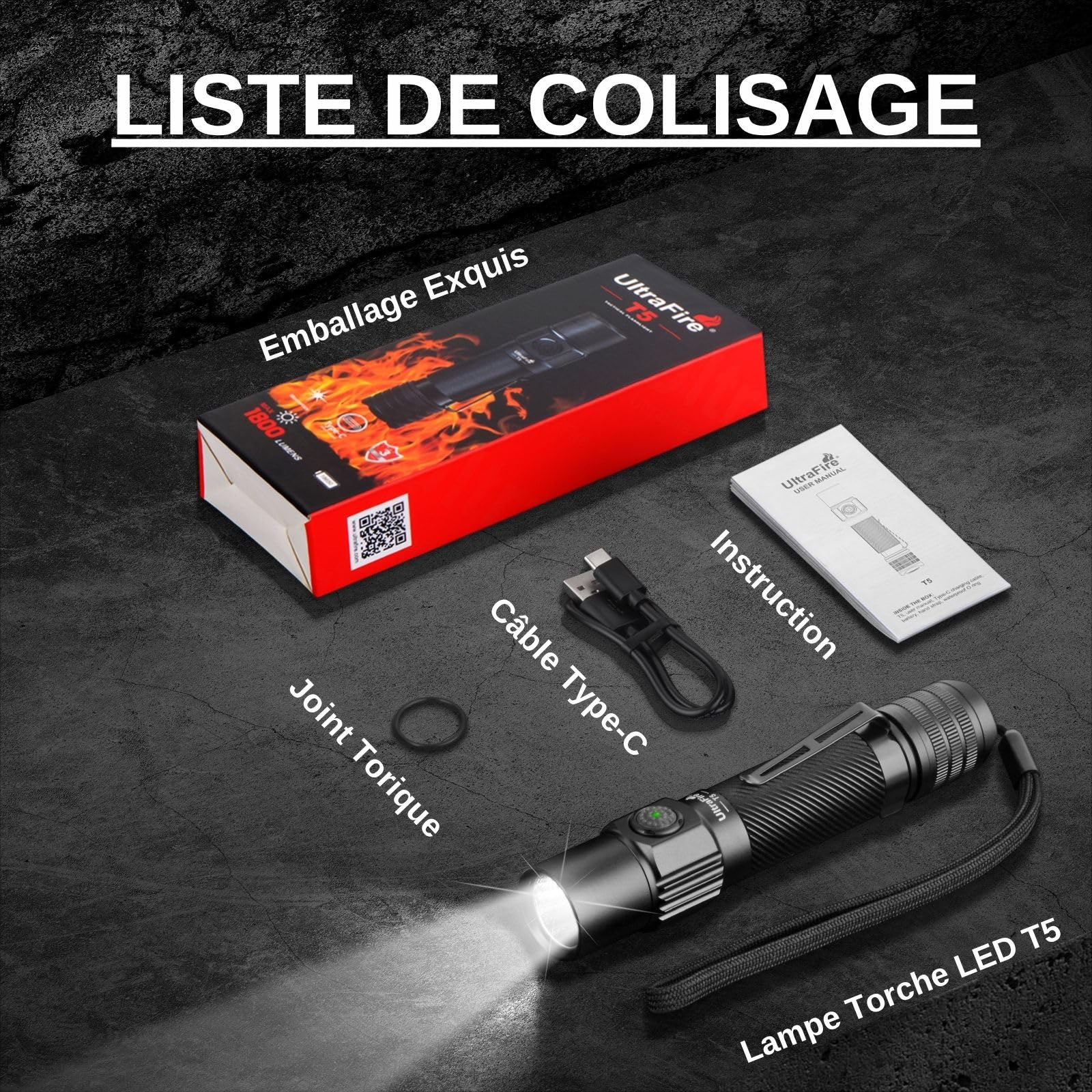 ULTRAFIRE Lampe torche tactique T5 avec batterie, 1800 lumens haute luminosité, lampe de poche de police avec double interrupteur, petite lampe de poche USB-C pour activités extérieures et intérieures