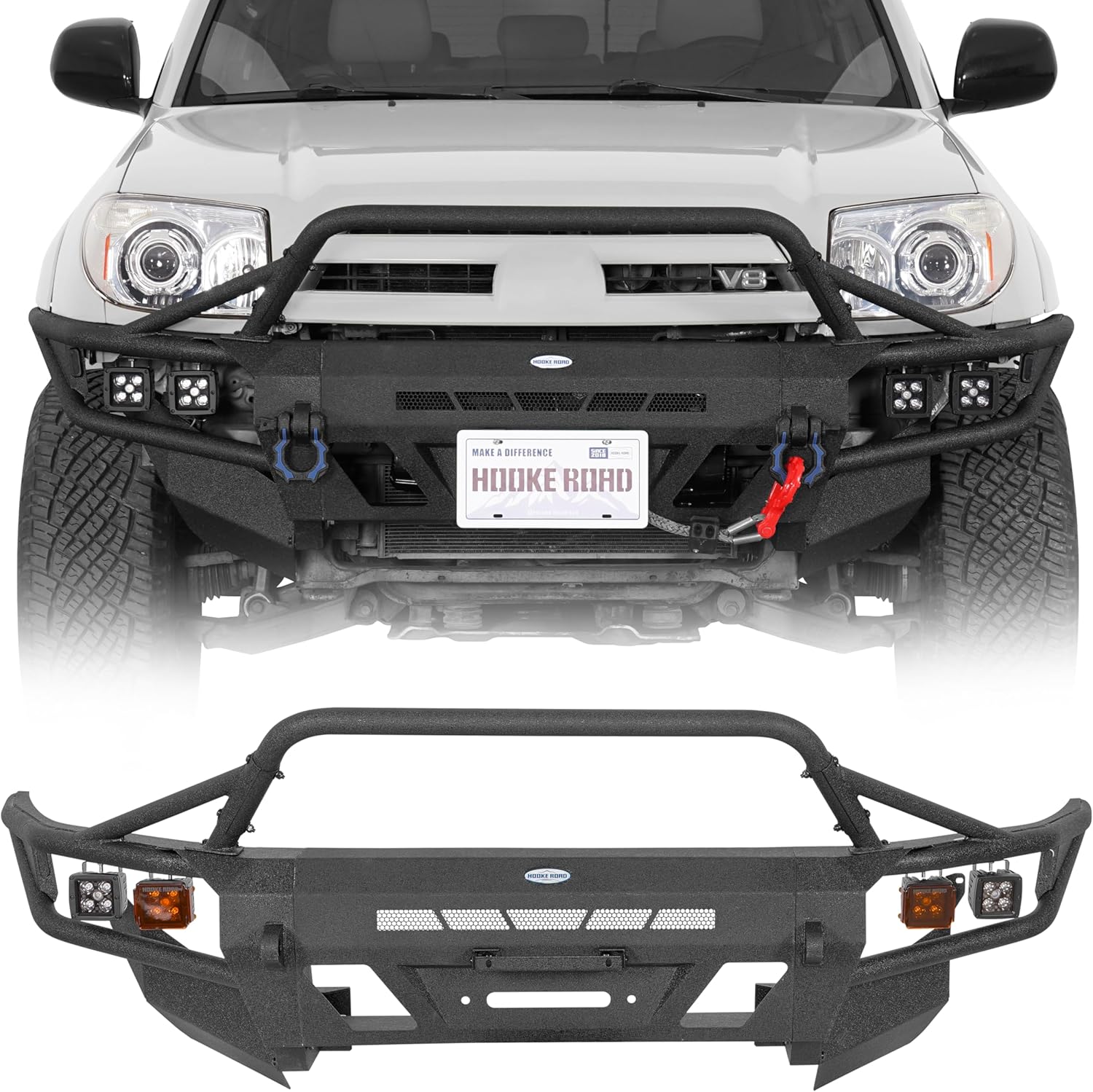 Hooke Road 4Runner Front Bumper for 2003-2005 Toyota 4Runner 4th Gen, Full-Width Tubular Winch Bumper with Side Armor Plates, Recovery Mounts & LED Lights