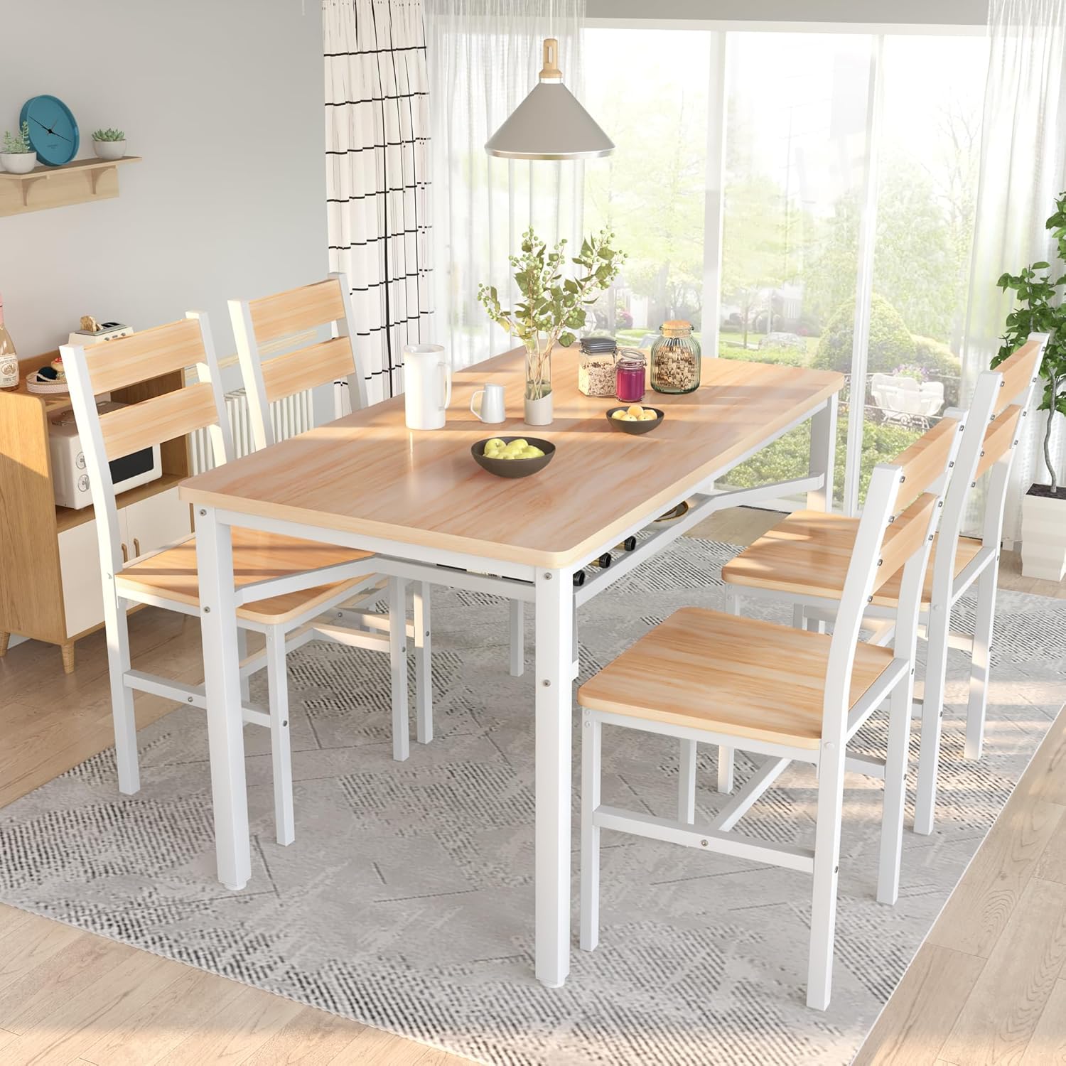Hooseng Dining Table Set for 4, Wood Kitchen Table Chairs Set with Storage, Farmhouse 5 Piece Dining Room Table Set, Space-Saving Dinette Set for Breakfast Nook, Apartment