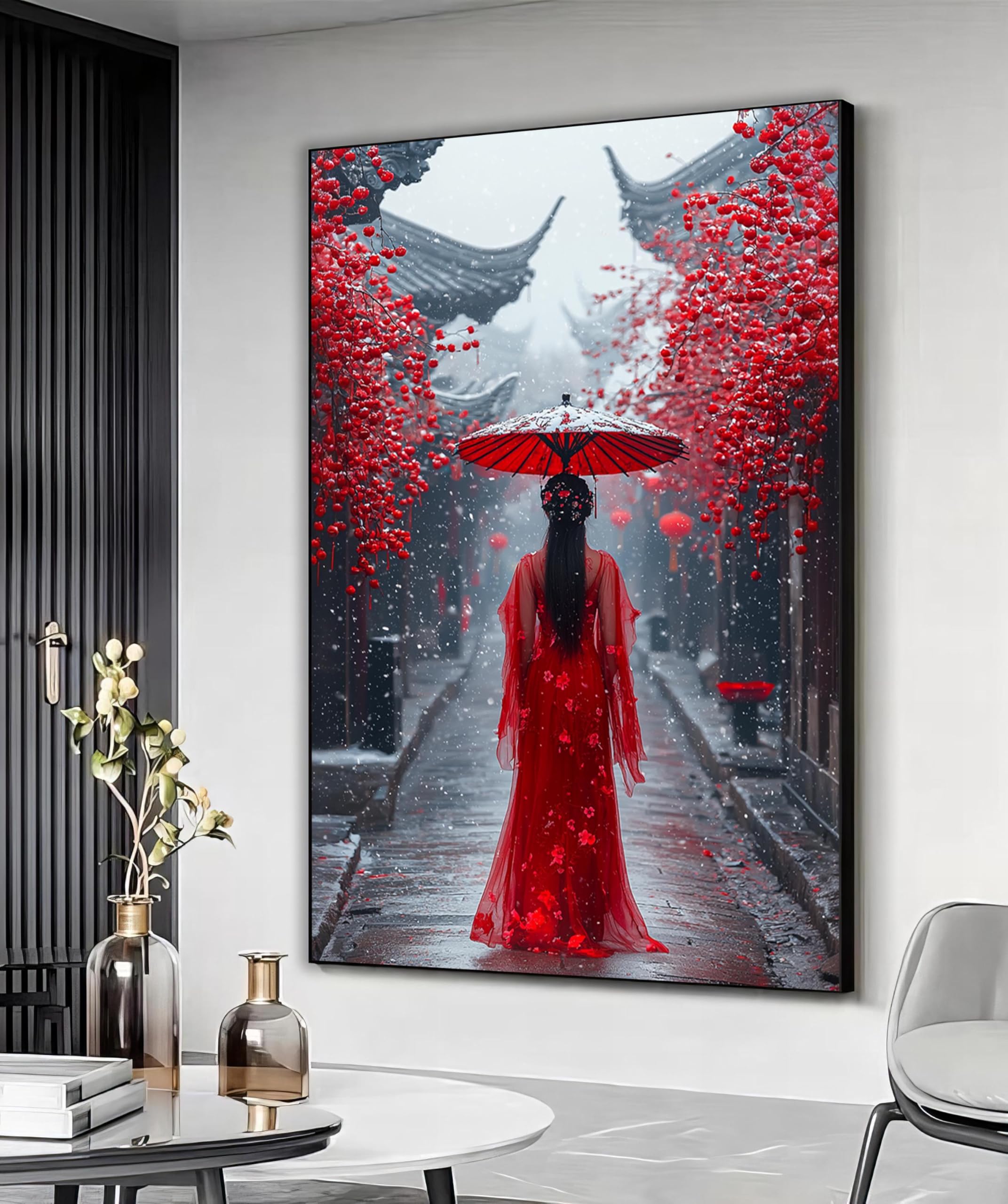TONGYINLI Geisha holding an umbrella Canvas Oil Painting, Red geisha canvas print, Japanese woman wall art, Home Decor Posters(50x75cm/Frameless)