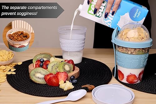 Miniatura 5 de Salda Paquete de 4 tazas de desayuno sobre la marcha, taza de yogur para llevar y llevar con cobertura de cereales con cuchara, frasco de avena o