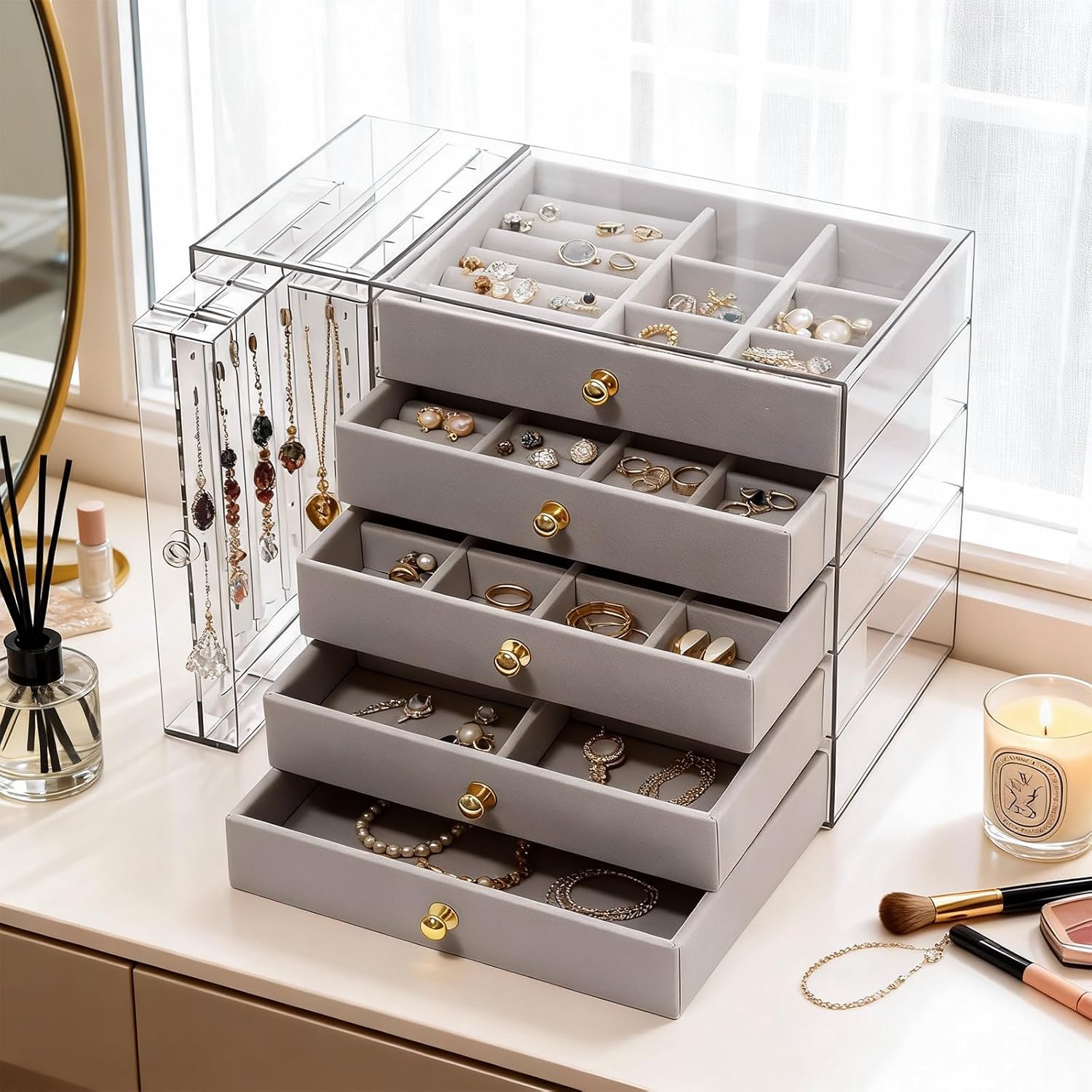 grey Jewelry Box Organizer, Transparent Acrylic Case with Velvet-Lined 5 drawers and 2 side drawers, Versatile Compartments for Earrings, Rings, Necklaces, Bracelets