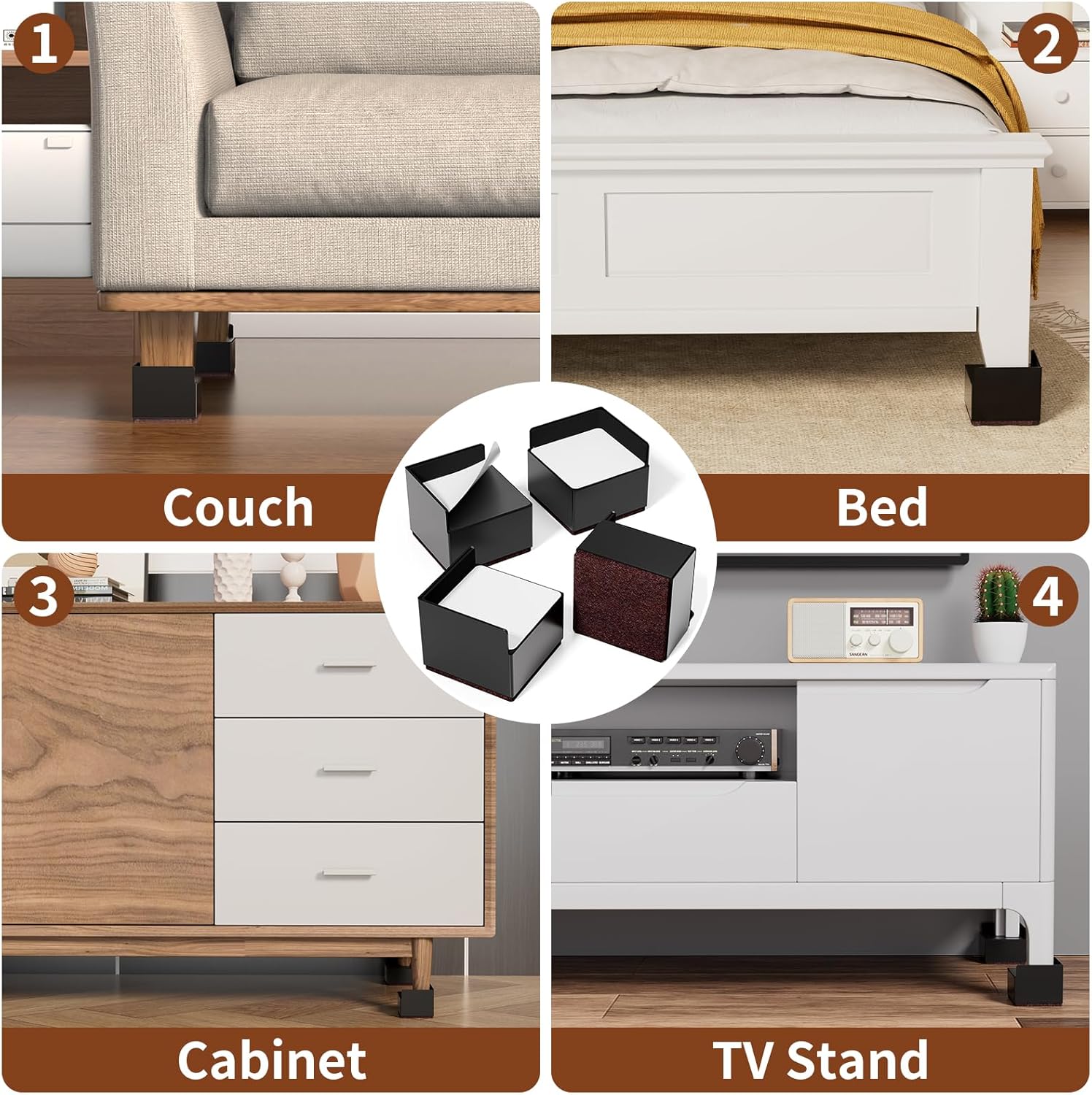 Bed Risers 2 inch Heavy Duty, 4 Pack Black Square Metal Self-Adhesive, Oversized Furniture Risers for Bed Desk Table Sofa Couch, Support up to 6000 lbs, Protect Hardwood Floors from Scratches