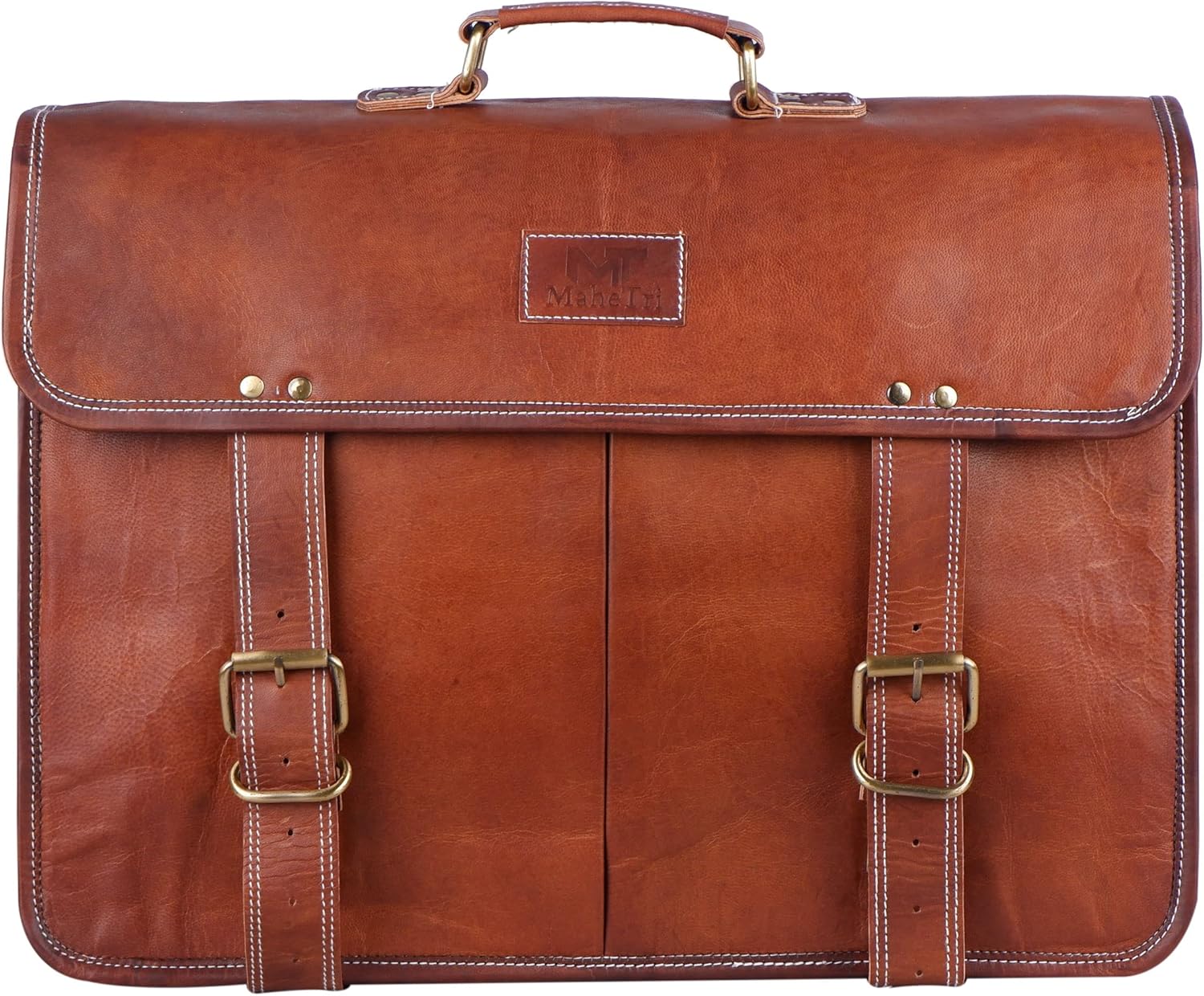 MaheTri Leather Men Messenger Bag Handmade 18" Genuine Leather Laptop Briefcase Bag Retro Office Computer Laptop Bag, Brown W/Padded Laptop Sleeve | Ideal for gifts | Gift for him