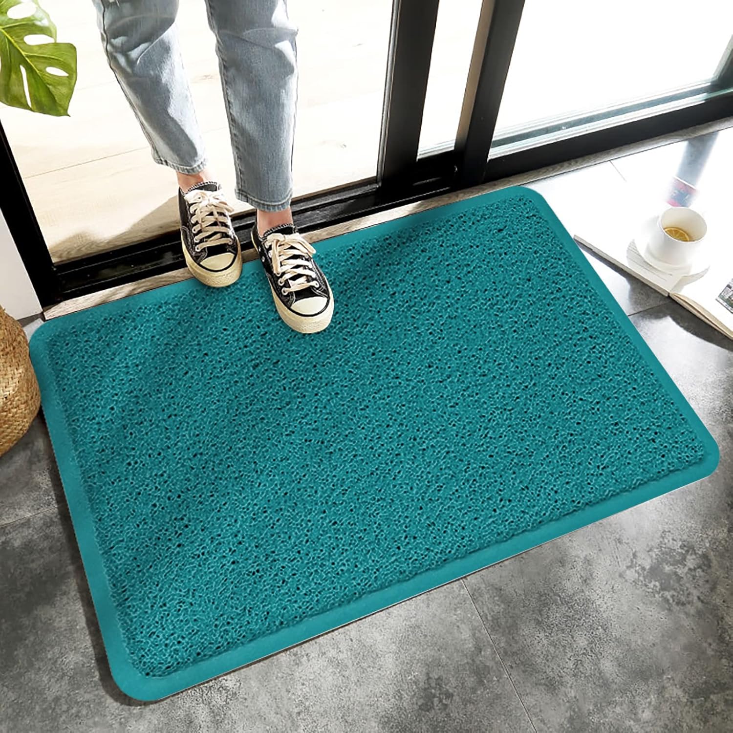 PVC Doormat Entrance Rugs Heavy Duty Welcome Mats, Teal Outdoor Indoor Mats Non Slip Rubber Backing for Front Door/Yard/Garage/Garden, 24"x 35" Turquoise Pure Teal