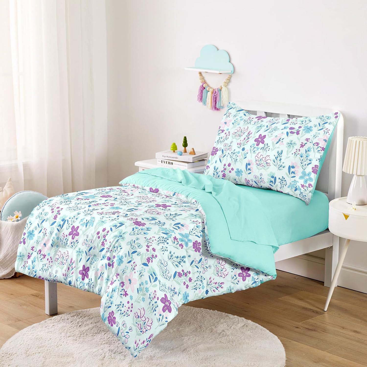 Wake In Cloud - Floral Toddler Bedding Set for Girls, Cute Colorful Botanical Flowers, 4 Pieces Soft Crib Bed Set Including Comforter, Sheets and Pillowcase, Blue Purple
