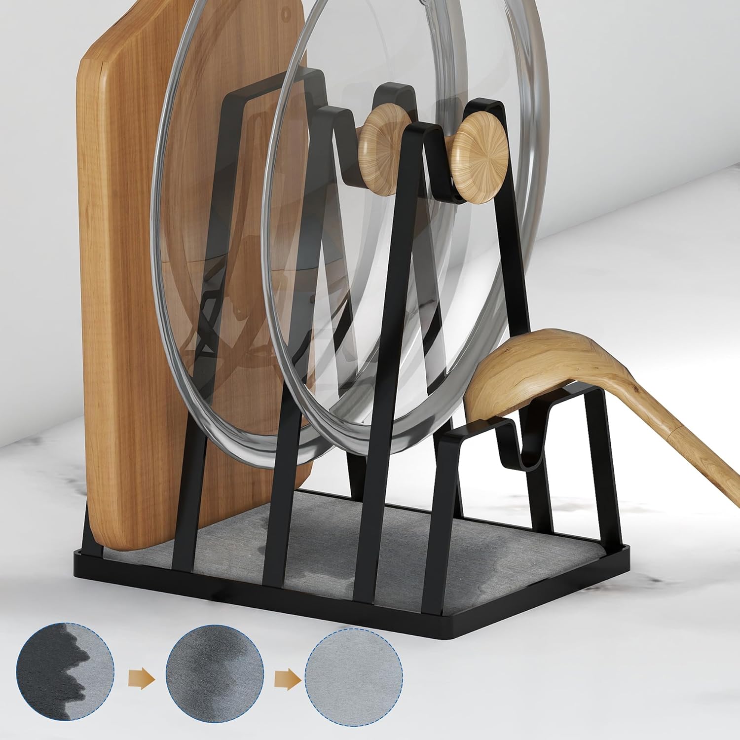 YIGII Pot Lid Cutting Board Organizer with Diatomite Stone, Black Pan Lid Organizer and Spoon Rest Rack, Multifunctional Utensil Holder for Stove top and Kitchen Counter - Image 2