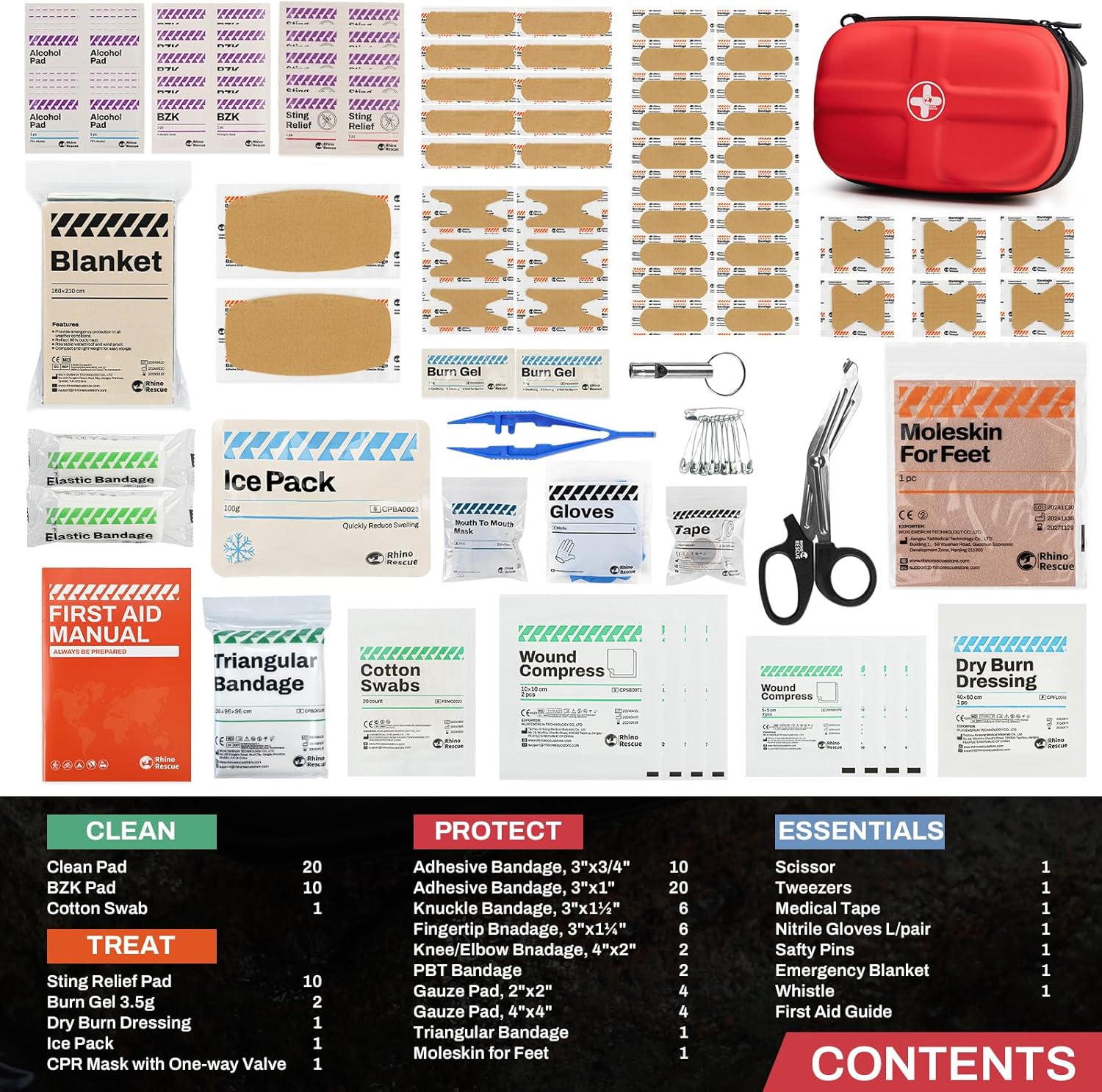 RHINO RESCUE EVA First Aid Kit, Small Waterproof Emergency Hiking First Aid Kit for Backpacking, Medical Kit for Travel, Home, Car, College Dorm Room, Camping, Boat, Back to School (Red) - Image 2