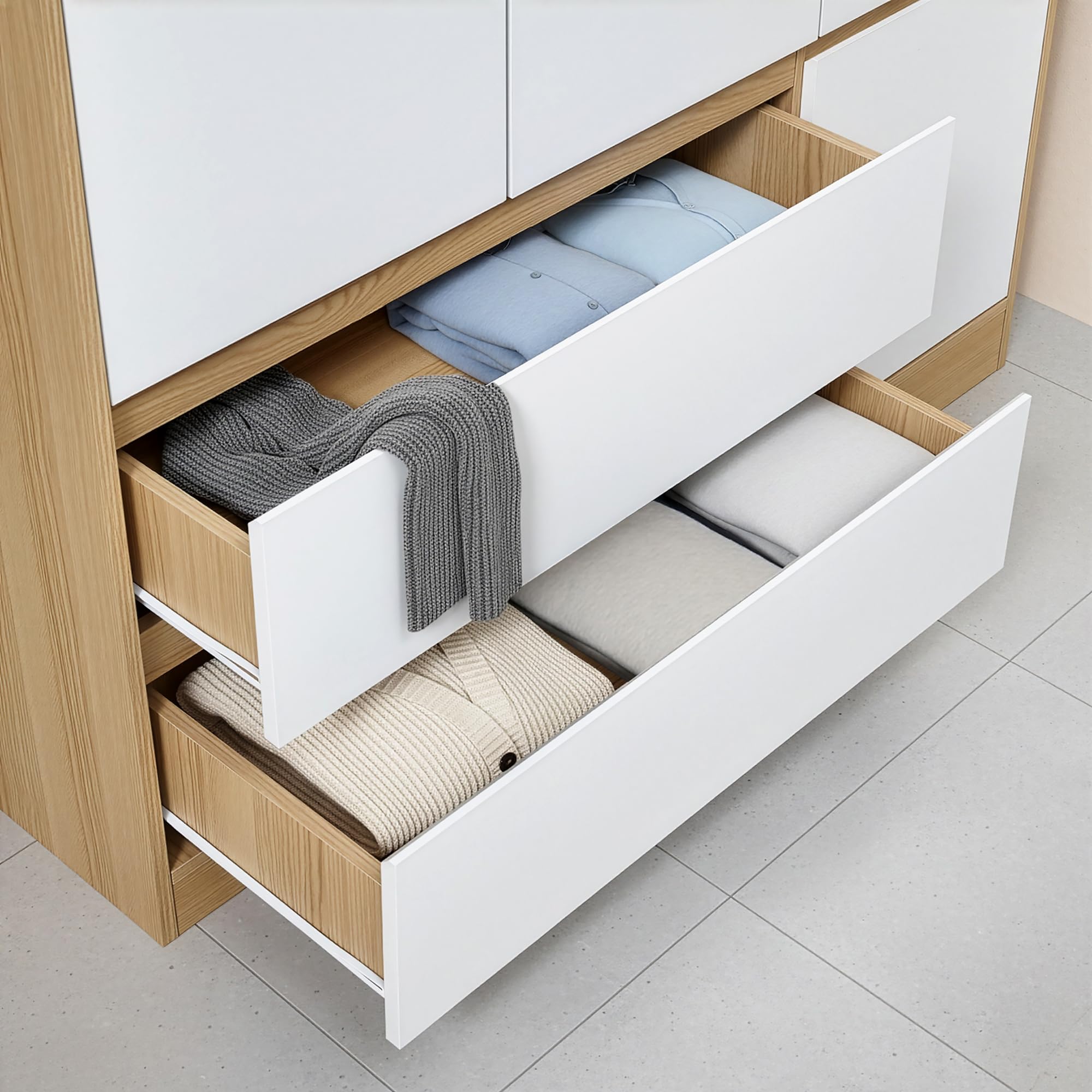[en.casa] Armario Ropero Bastheim Práctico Armario Dormitorio con 4 Puertas 1 Perchero 6 Compartimentos 2 Cajones Fácil de Limpiar MDF 176 x 80 x 52 cm - Efecto Roble y Puertas Blancas
