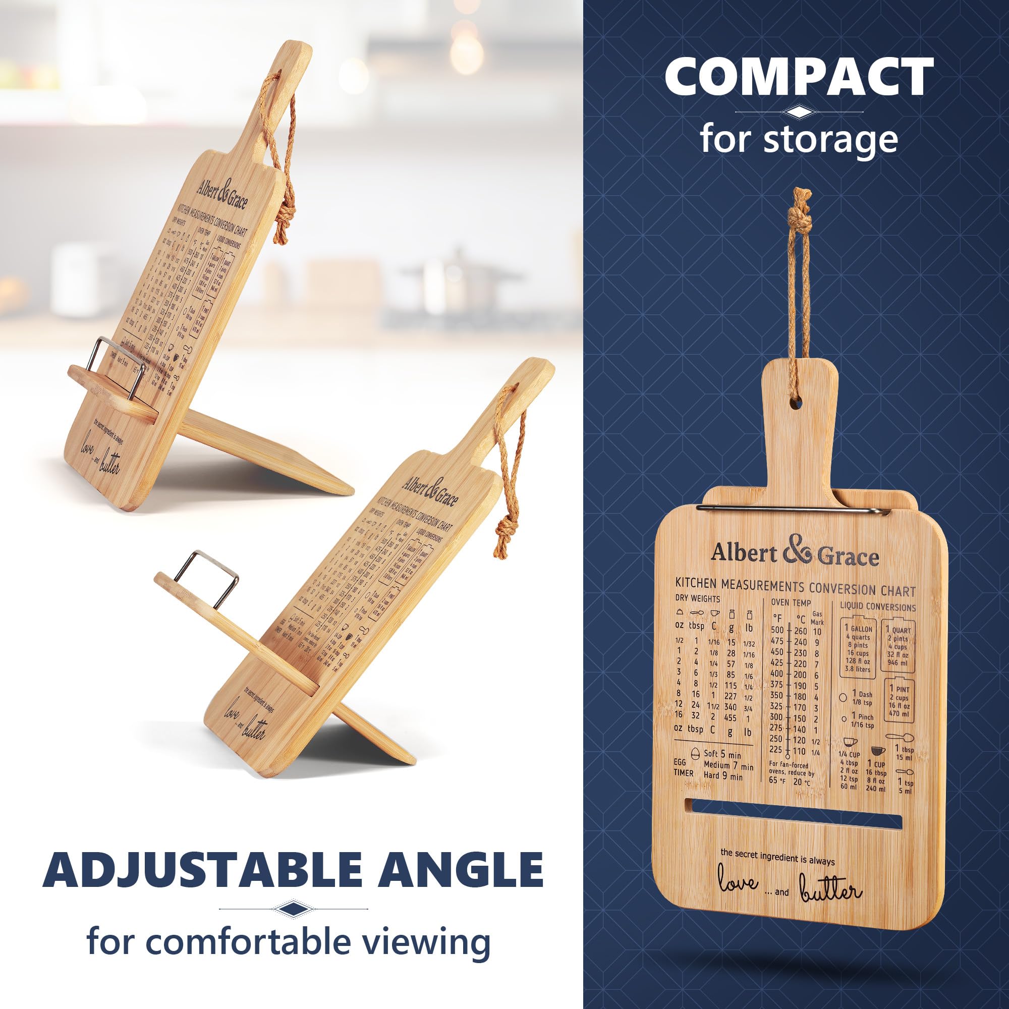 Albert&Grace Adjustable Bamboo Cookbook Stand with Conversion Chart - Recipe Book Holder for Kitchen Counter, Large Wooden Stand for Cookbooks, Tablets, & iPads - Image 4