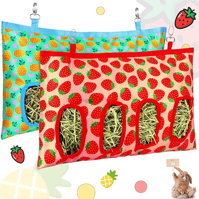 2 Pieces Rabbit Hay Bag Small Animals Hay Feeder Bag Hanging Feeding Storage Guinea Pig Hanging Feeder Sack with 4 Holes for Small Pets Rabbit Bunny Hamster Guinea Pig (Pineapple, Strawberry)