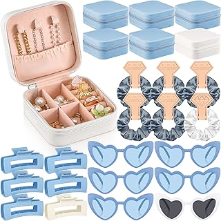 Hotop 24 Pcs Bridesmaid Proposal Gifts Set, 6 Mini Jewelry Box, 6 Satin Bridesmaid Scrunchies, 6 Bachelorette Sunglasses, 6 Square Hair Clips for Bridal Shower Wedding Party Favors (White, Blue)