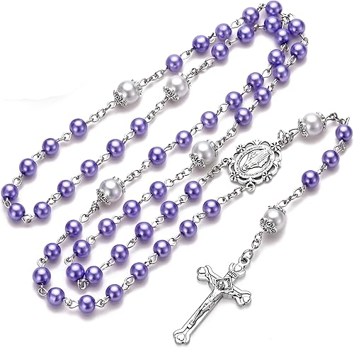 Miniatura 9 de Rosario de perlas de vidrio católico para mujeres, medalla de la Virgen María, rosario de primera comunión para niñas con caja de regalo milagrosa