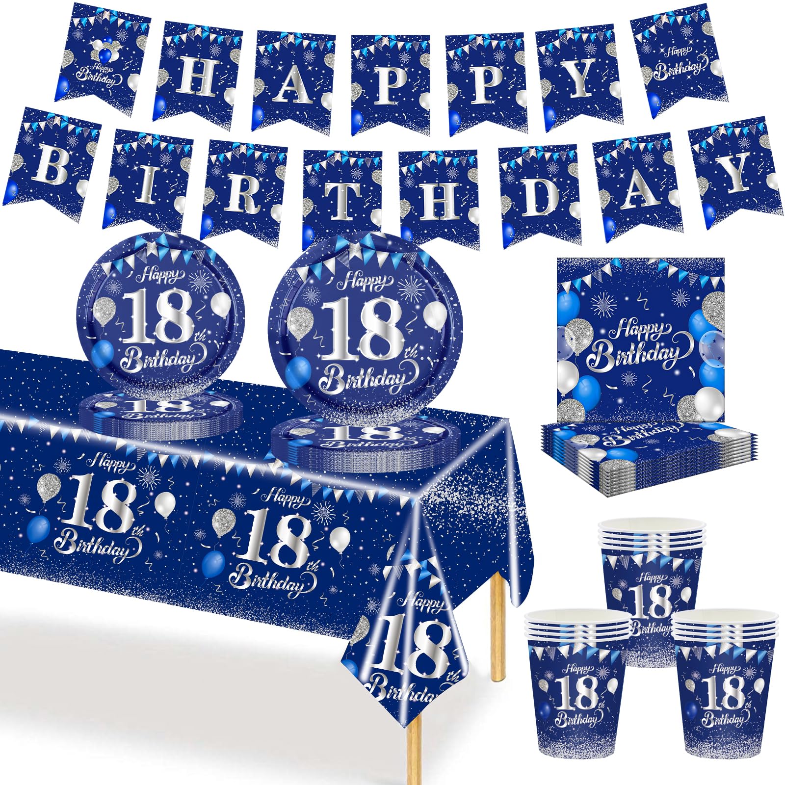 Set Stoviglie Compleanno 18 Anni - 70 Pezzi Oro E Nero, Con Piatti, Bicchieri, Tovaglioli E Striscione