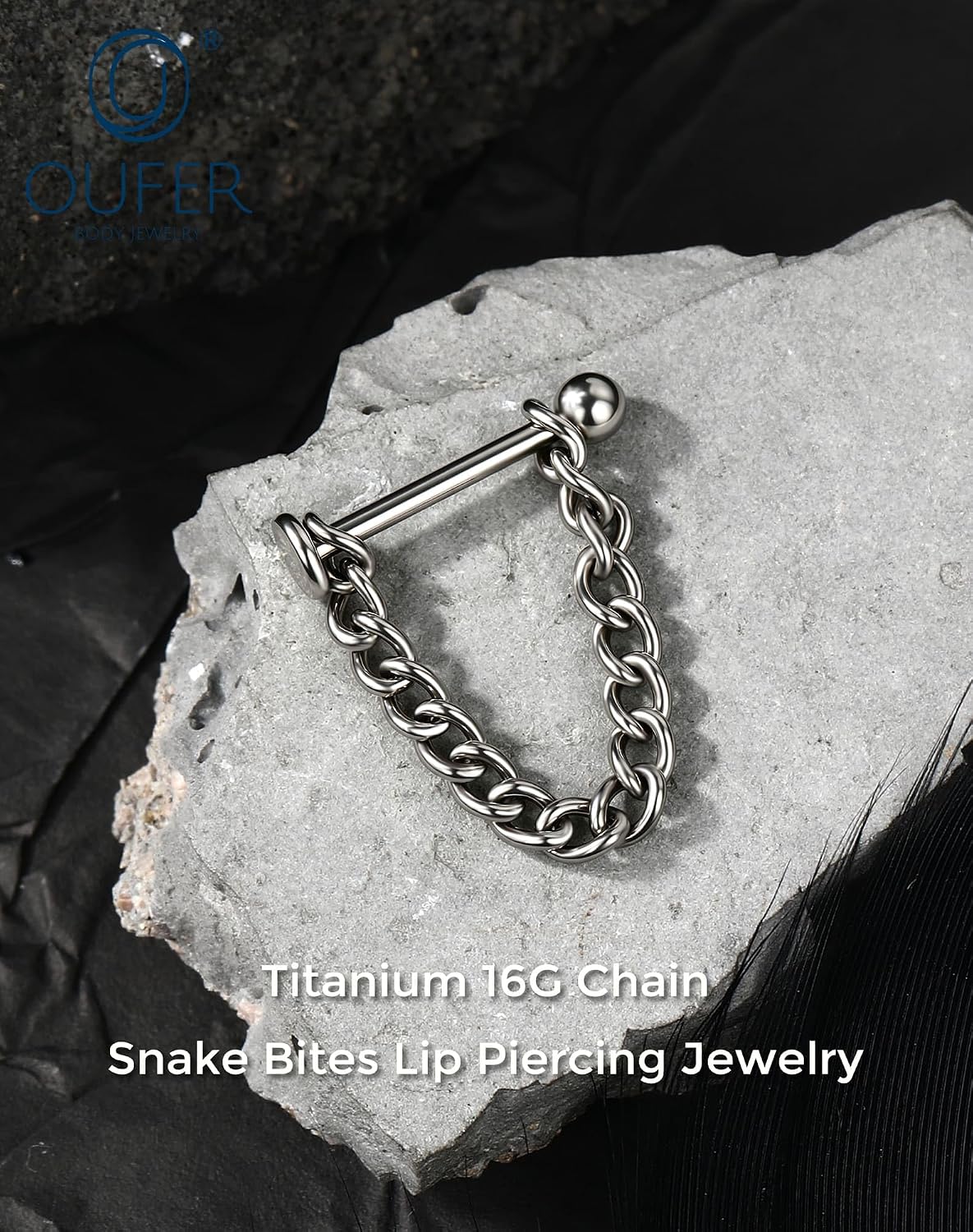 OUFER Titanium Snake Bites Lip Piercing Jewelry-16G Chain Lip Labret Stud with Chain, Internally Threaded Flat Back for Helix Cartilage Lobe Conch Piercing Jewelry