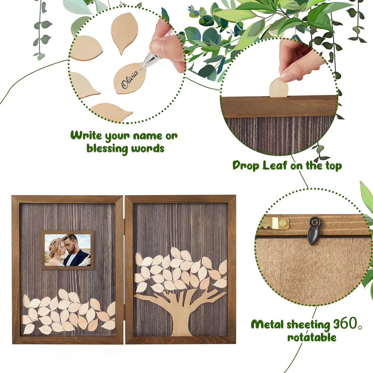 Gueevin 164 Pcs Wedding Decorations Favors Wedding Guest Book Alternatives 160 Pcs Leaves Reception for Guests Personalized Sign in Guest Book(Dark Color)