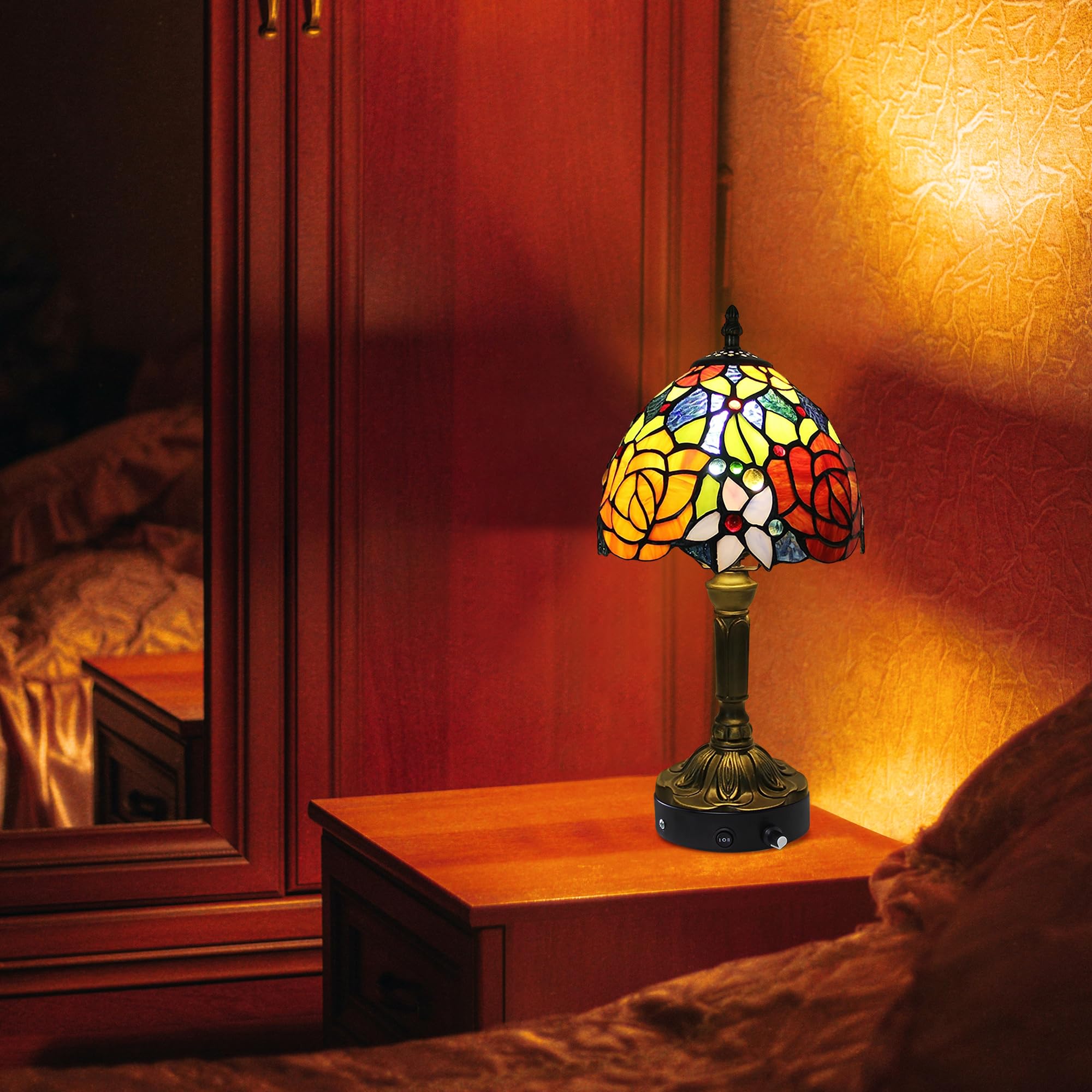 Tiffany-Stil Tischlampe Kabellos Warmweißes, Wiederaufladbar Tischleuchte, Dimmbar Nachttischlampe mit Glasschirm für Nachttisch Esszimmer Schlafzimmer -TD0934