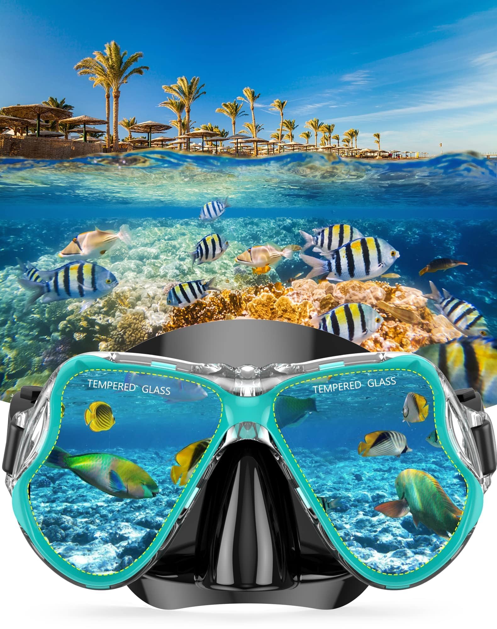 Schnorchelset Erwachsene 3-in-1,Anti-Fog & Leck Tauchmaske mit gehärtetem Glas, Dry Top Schnorchel & verstellbare Flossen – Schnorchelausrüstung für Schwimmen & Reisen