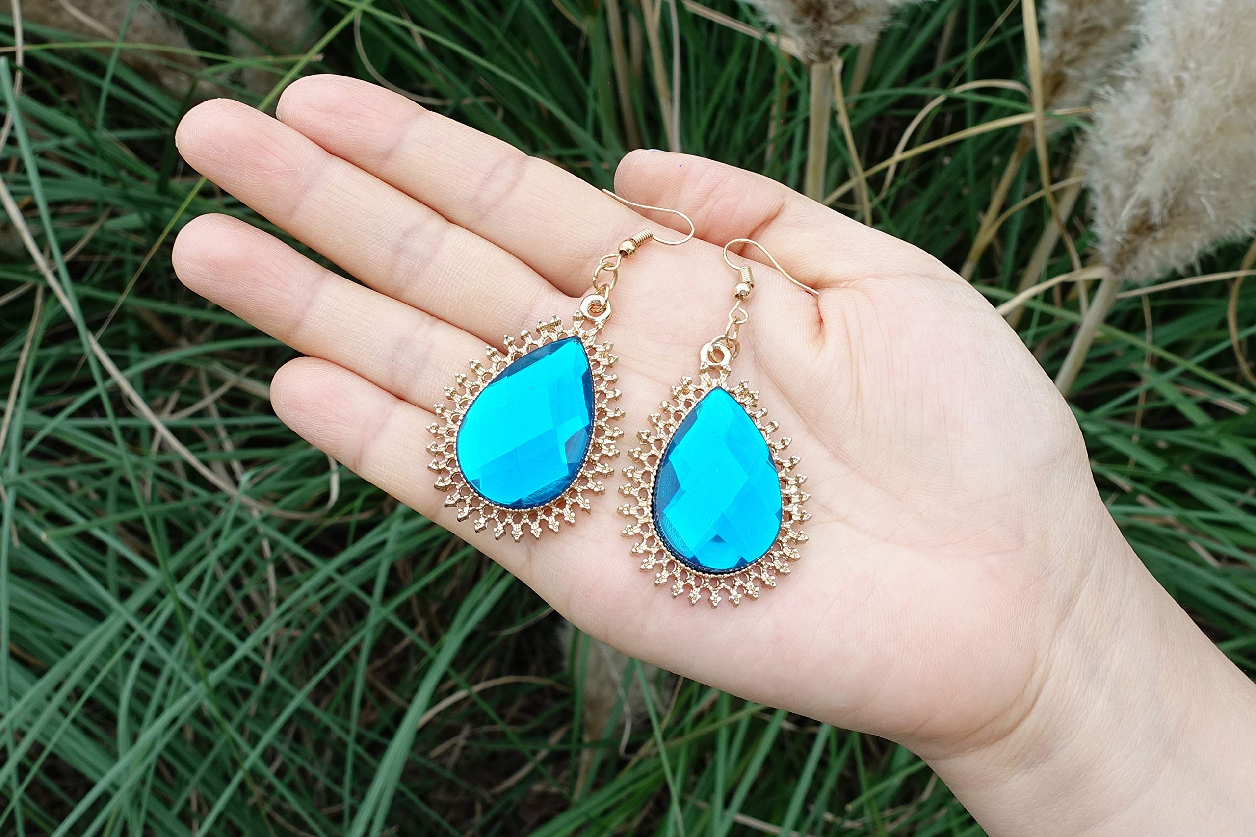 RareLove Gothic Halloween Costumes Princess Blue Rhinestone Teardrop Gold Plated Alloy Vintage Dangle Piercing Earrings For Women