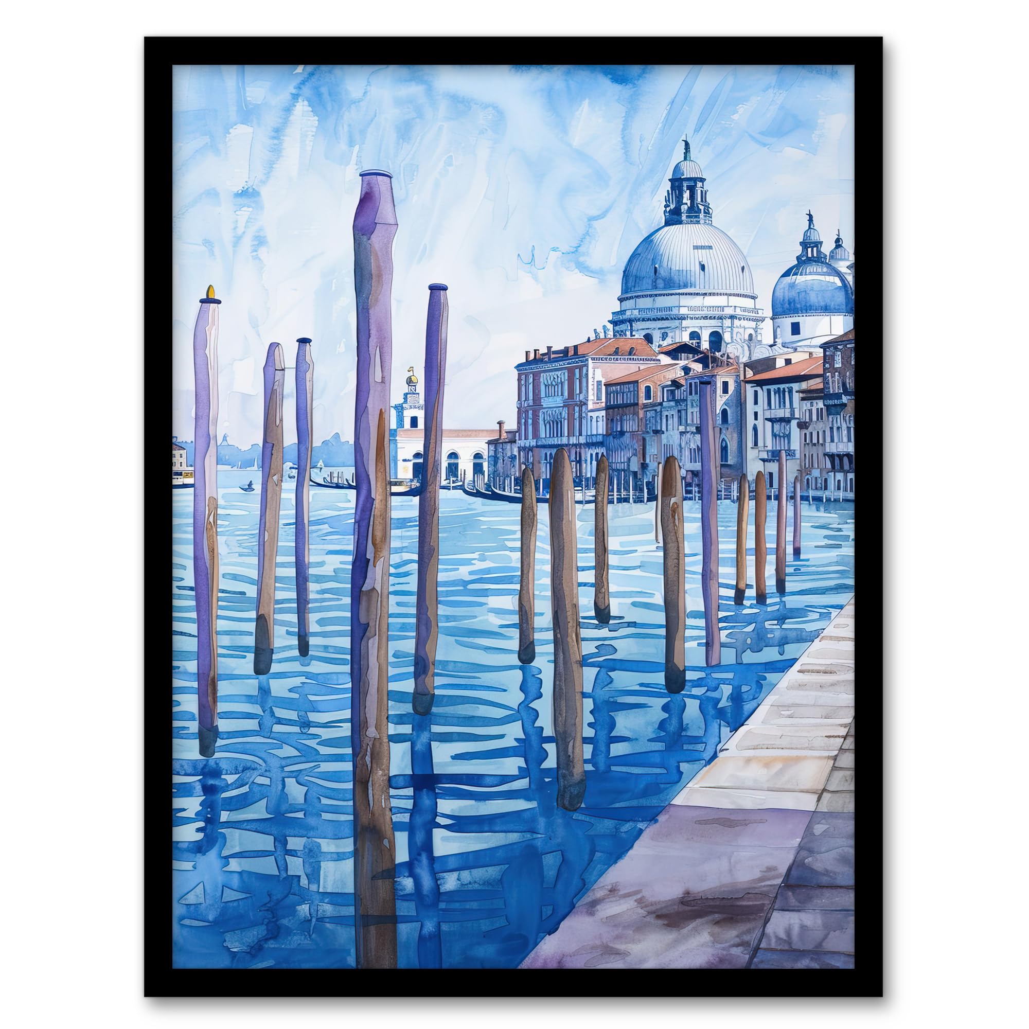 Artery8 Venice St Mark's Basilica Watercolour Blue Framed Art Print - A4 Size