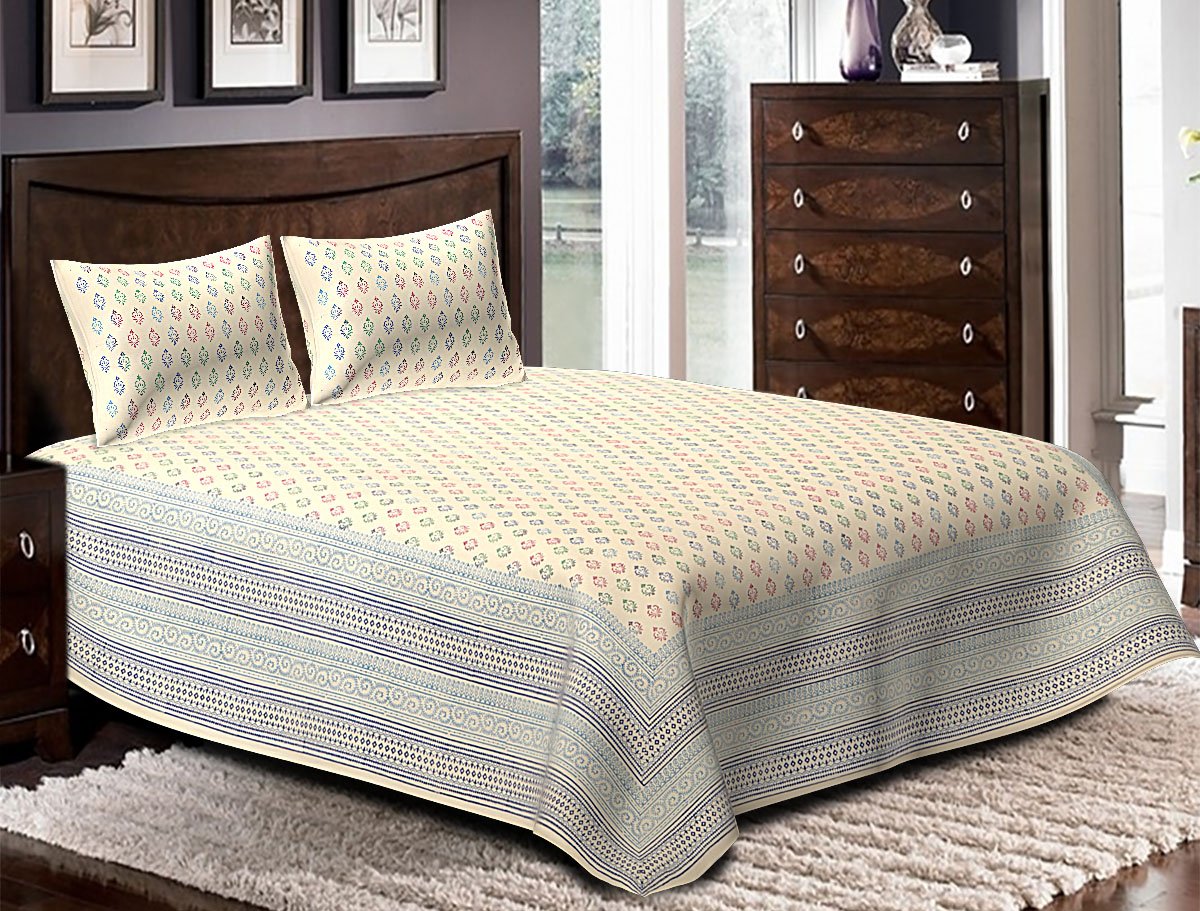 Rustic India Cotton Hand Block Printed King Size MulticolorBedsheet (275 cm x 225 cm)