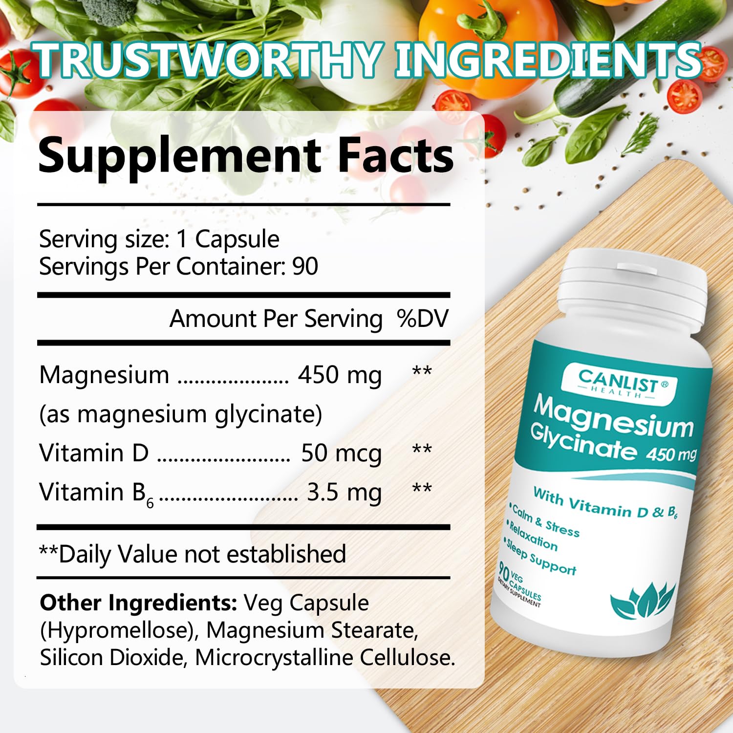 CANLIST Magnesium Glycinate Supplements 450mg for Bone & Muscle Health, Supports Deep Sleep, Muscle Relaxation & Stress Relief, High Absorption, Vegan, Non-GMO, 90 Capsules — Amazon image 2