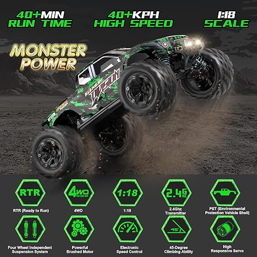 Miniatura 2 de Coches RC todo terreno a escala 118, 40 KPH de alta velocidad 4WD de control remoto con 2 baterías recargables, camión monstruo todoterreno