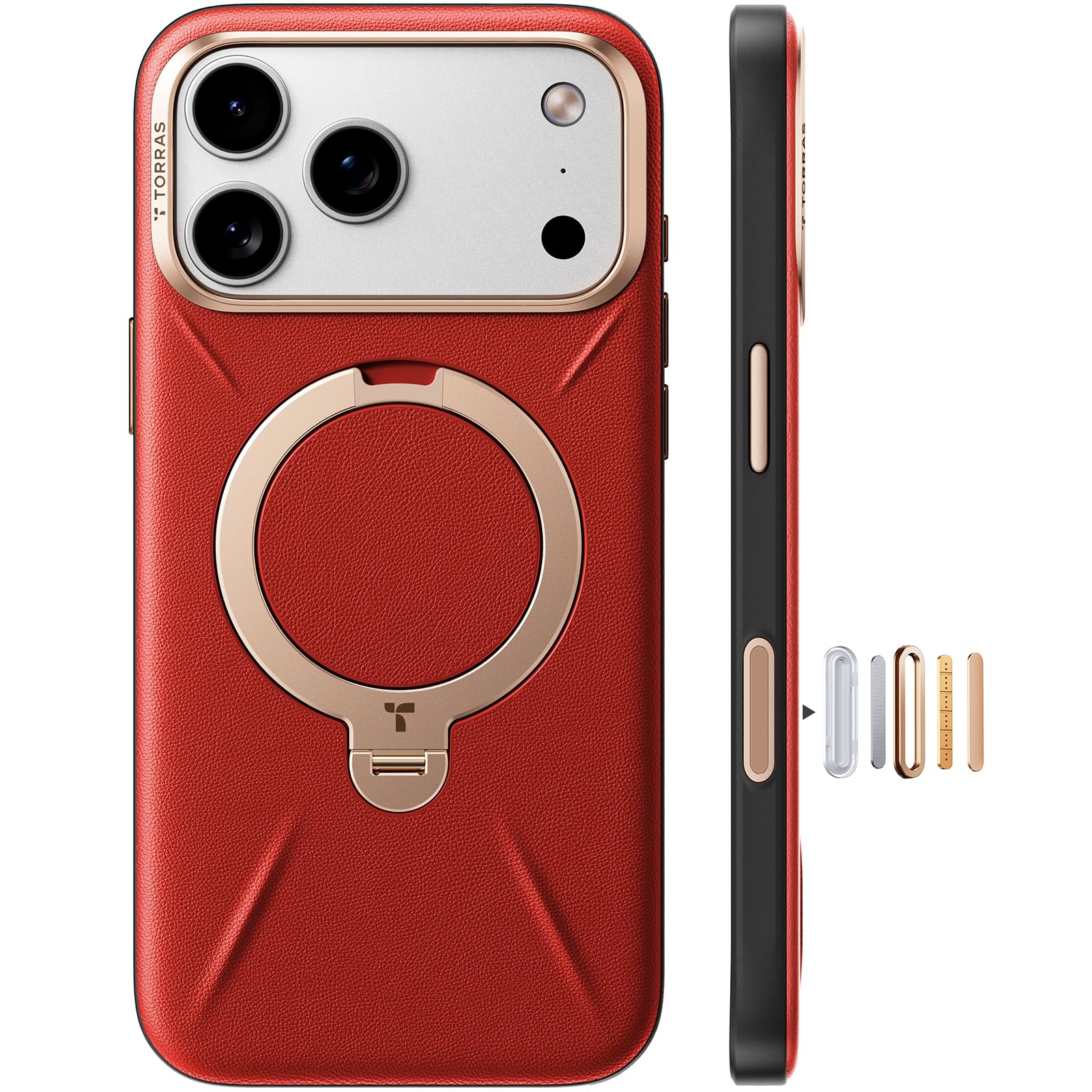 Photo 1 of TORRAS Q3 VegSkin for iPhone 17 Pro Max Case Leather, 360 Spin Magnetic Stand, Fit for MagSafe, Camera Control, Shockproof Premium Organic Silicone Leather Case for iPhone 17 Pro Max, Crimson Red