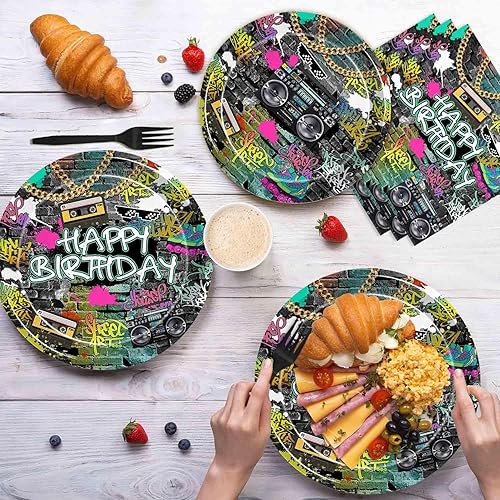 Miniatura 4 de Juego de 96 piezas de vajilla de fiesta de cumpleaños de pared de ladrillo de graffiti, hip hop, 80, 90, cumpleaños, platos de papel desechables y