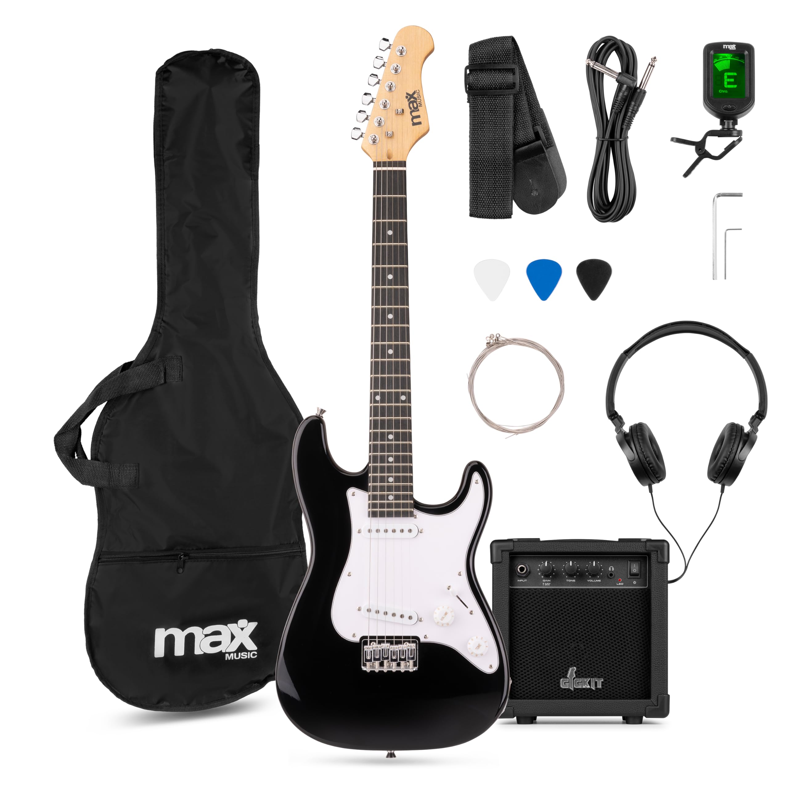 MAX GigKit Junior 3/4 - Guitarra eléctrica infantil color negro brillante | Tamaño 3/4 para niños de 8 a 12 años, amplificador de 20W incluido, set con afinador, correa y funda mochila