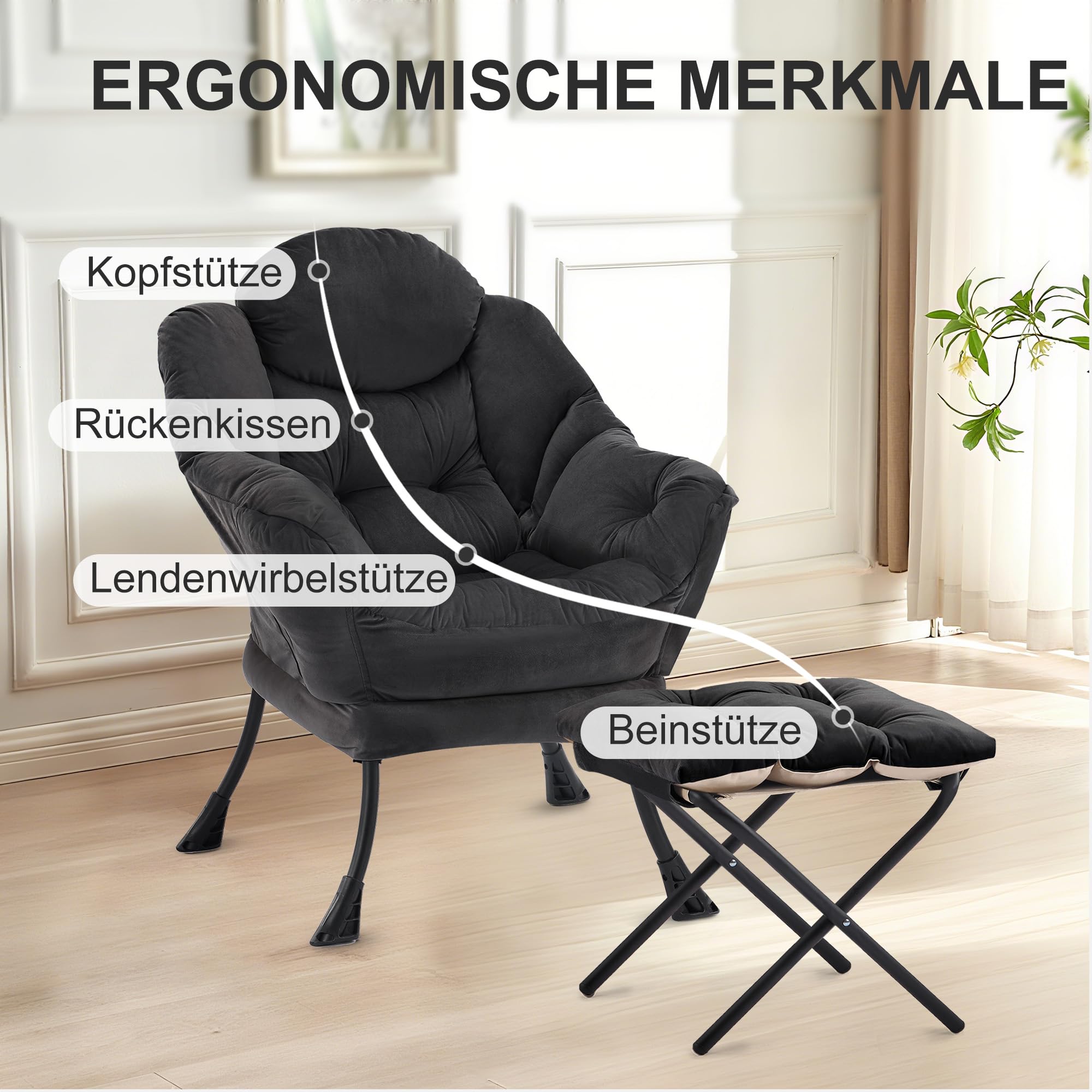 Lazy Chair mit Ottomane, Sessel Wohnzimmer Ohrensessel mit Hocker, Lesesessel Bequem Armchair Lounge Sessel mit Fußhocker, Relaxstuhl Relaxsessel mit Fußstütze, Seitentasche, Schwarz