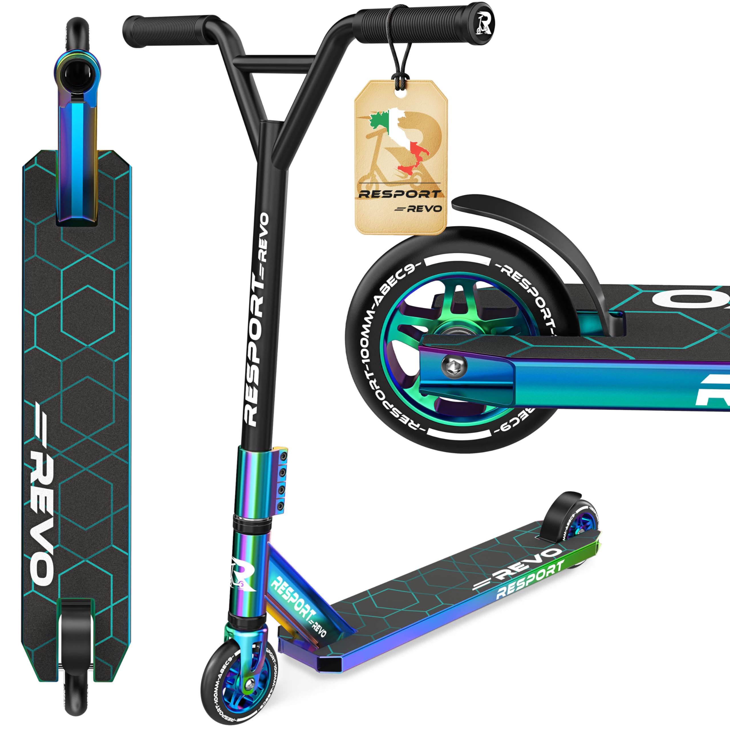RE:SPORT Stunt Scooter REVO per bambini e adulti con supporto, 100 mm, ruote in poliuretano e Y-Bar, per acrobazia, scooter ABEC 9, cuscinetti a sfera