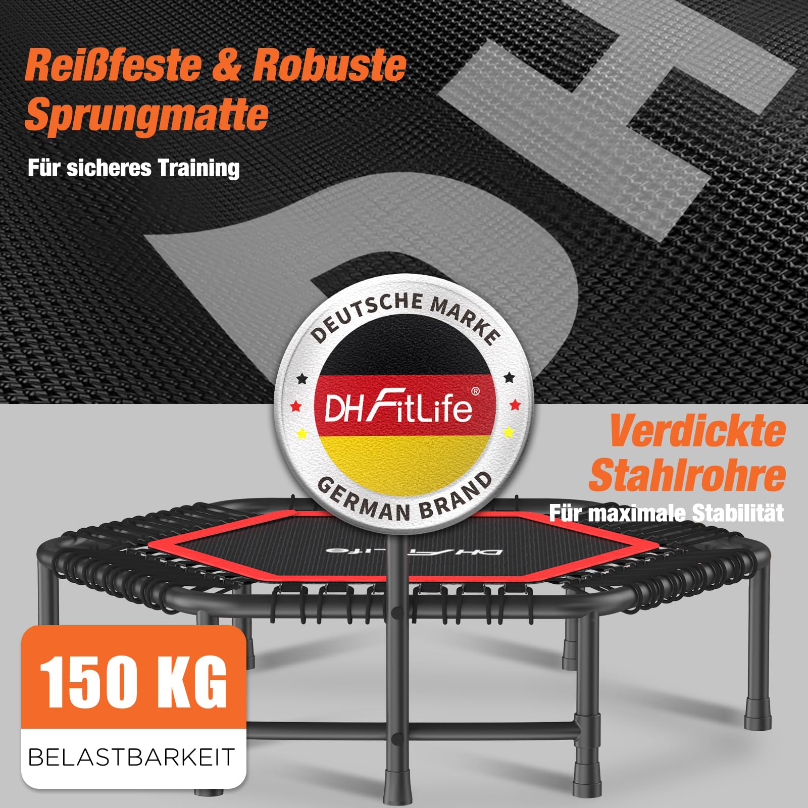DH FitLife Fitness Trampolin in Studioqualität | Ø114cm 45 Zoll Mini Indoor Trampolin für Cross Jumping | bis 150kg belastbar | höhenverstellbarer Handgriff | Stabil & leise