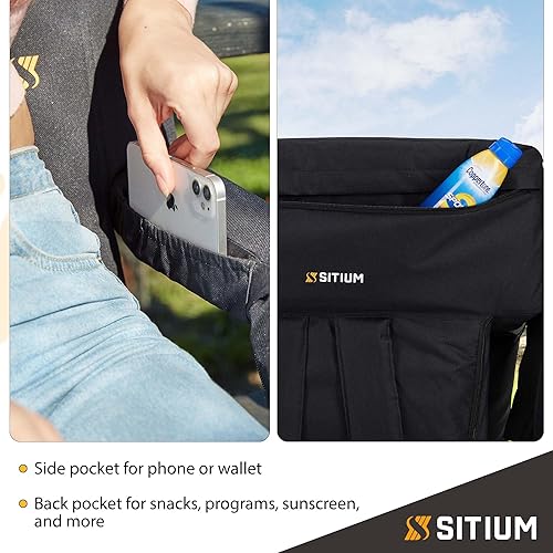 Miniatura 4 de Asiento de estadio extra ancho 25 pulgadas, asiento reclinable Mochila plegable con reposabrazos, 2 bolsillos, bolsa de transporte, correa, gancho