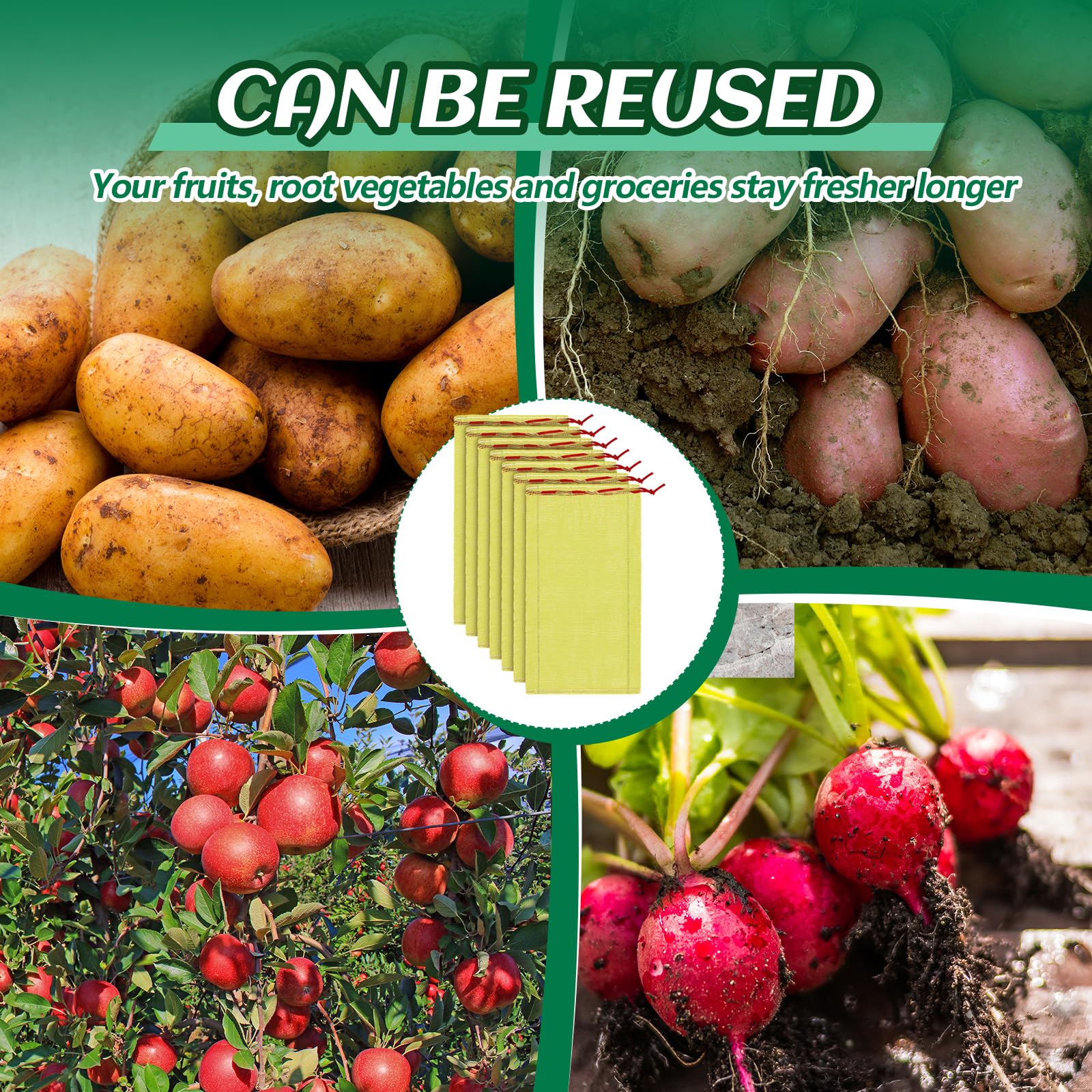 Berlune 50 bolsas de malla de almacenamiento reutilizables para verduras con capacidad para hasta 44 libras, bolsas de almacenamiento de verduras, bolsas de red lavables para verduras, bolsas de