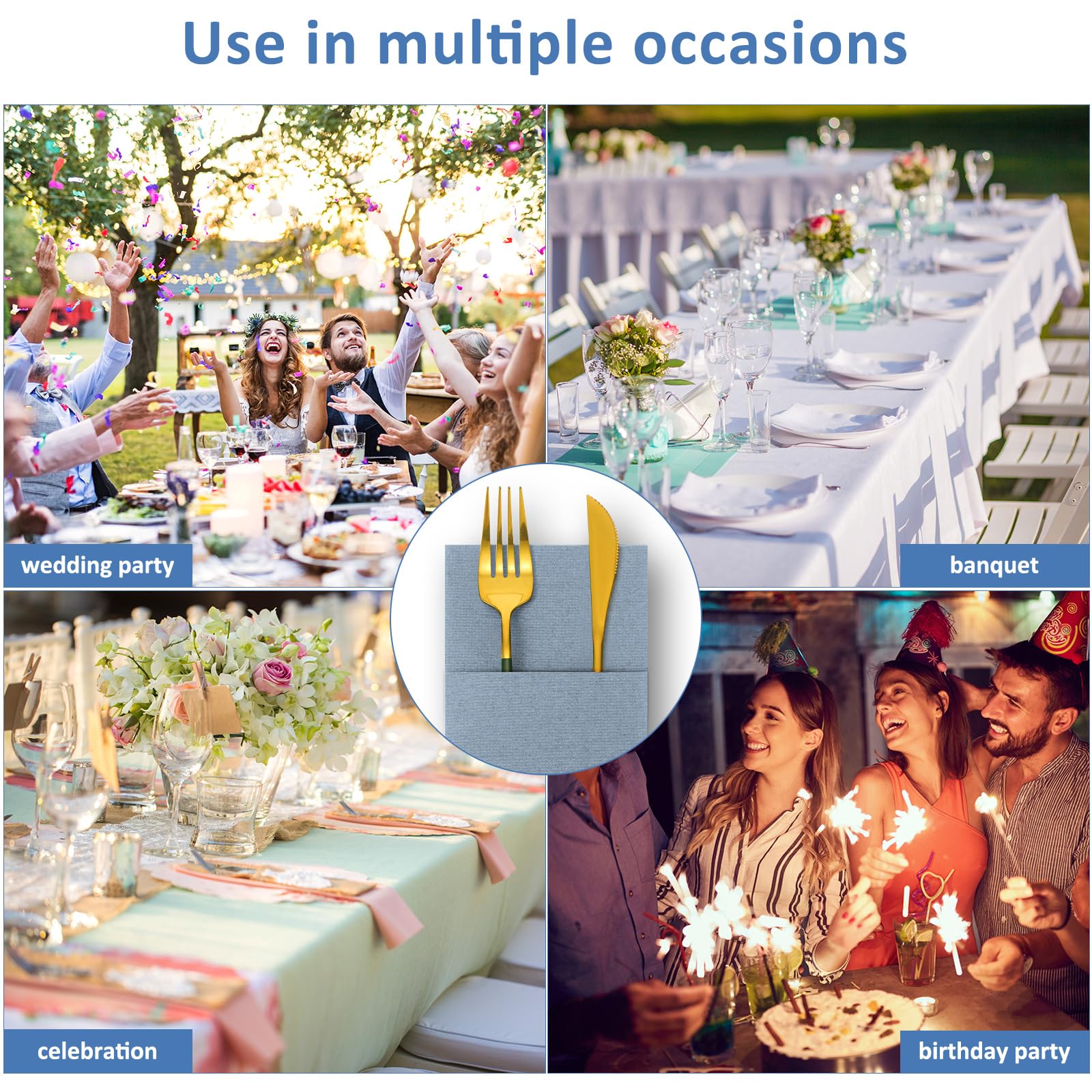 Qilery 200 tovaglioli di carta airlaid, usa e getta, prepiegati, con tasca integrata per posate, per San Valentino, matrimoni, feste, Natale (blu polvere)