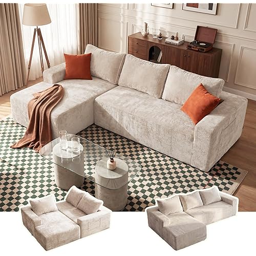 Vesgantti 95" Boneless Couches for Living Room, L-Shape Sectional Couch with Chaise in Corduory | Memory Foam | No Assembly Required, Deep Seat Cloud Modular Sofa for Apartment, Office (Beige) | Memory Foam Couch, Scratch-Proof, Breathable Fabric, Non-Slip Bottom, Side Pocket