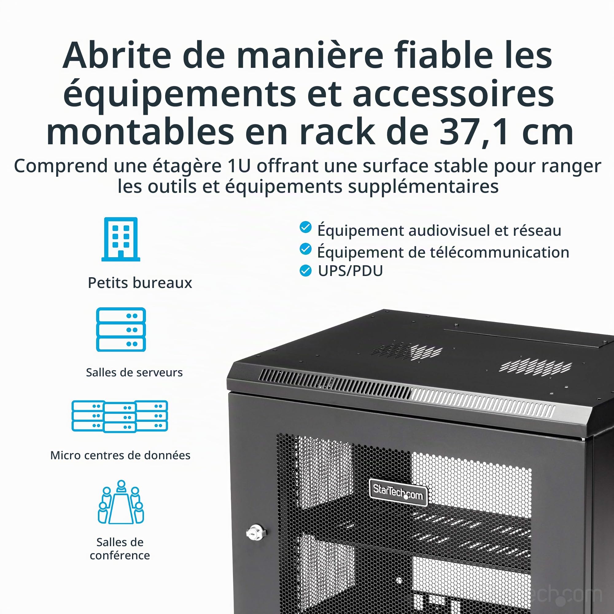 StarTech Armoire Réseau Murale 9U 2 Montants 19", Étagère 1U (RK9WALM) | Baie serveur murale verrouillable, Kit rack 19 pouces, Équipement IT et Data, Acier SPCC, Refroidissement ventilé
