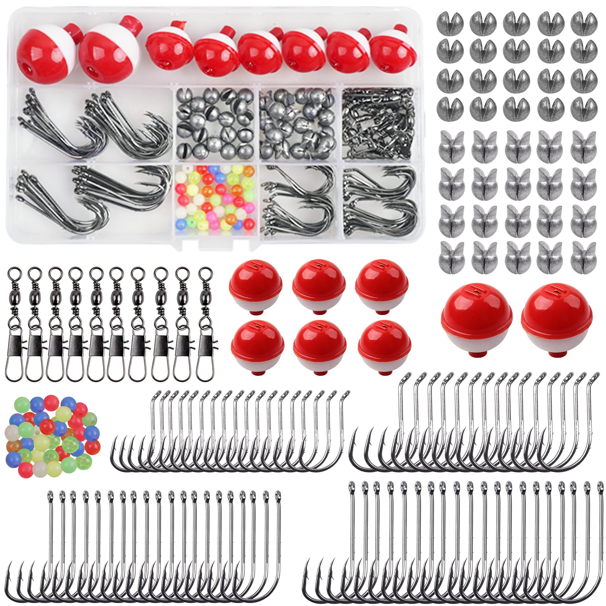 185pcs Fishing Hook Bobbers Tackle Kit,Include Fishing Floats Bobbers,Circle Hooks,Round Split Shot Weights,Octopus Baitholder Hooks Starter Terminal for Trout Catfish Panfish