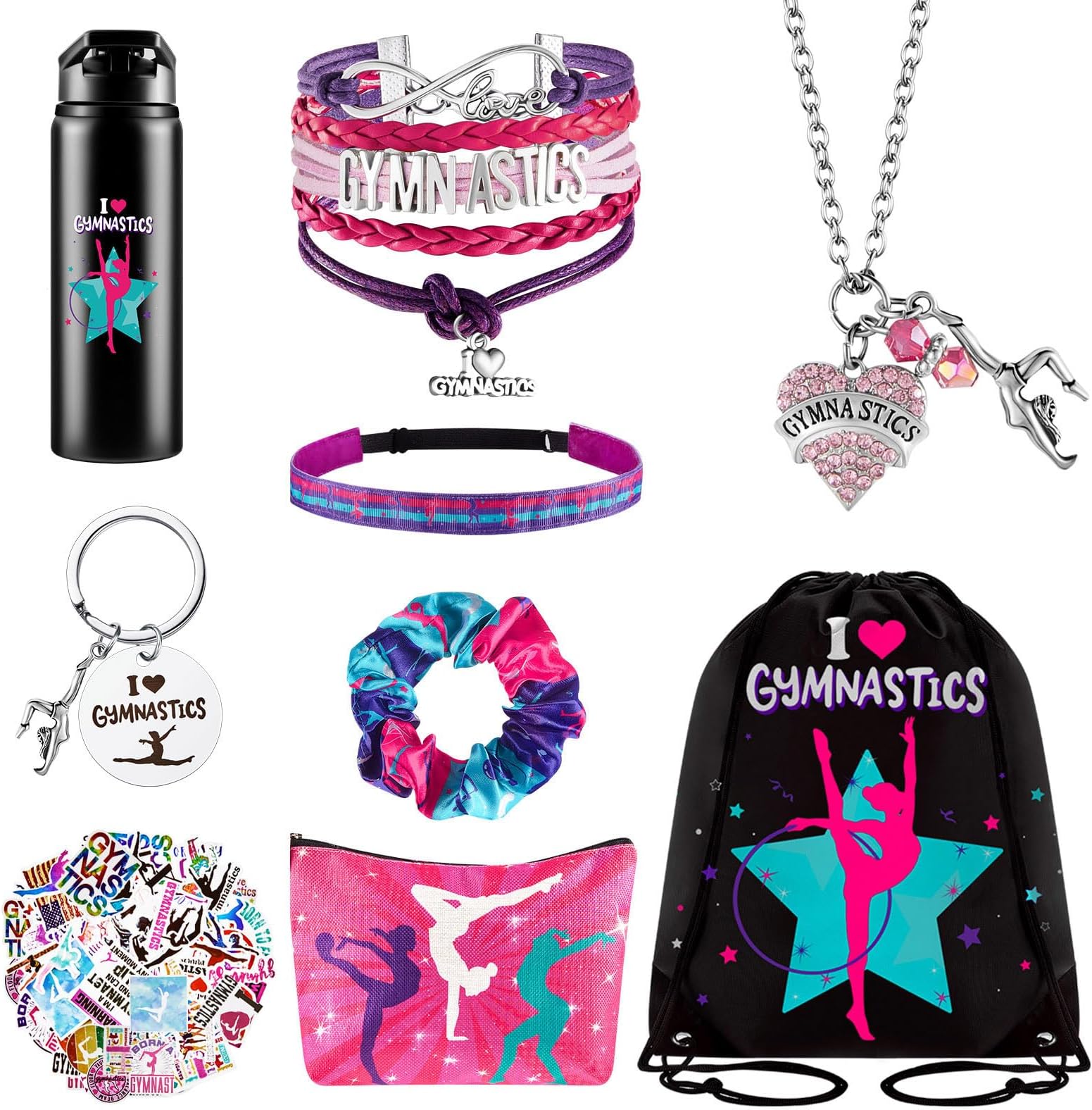 Kigeli Gymnastics Gifts for Girls Gymnastics Drawstring Bag Headband Bracelet Necklace Scrunchies Makeup Bag Vacuum Bottle Keychain 50 Pcs Waterproof Stickers Gymnast Party Favors