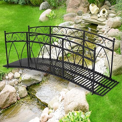 Miniatura 9 de Puente de jardín de metal de 8 pies con carriles laterales con patrones de seguridad, puente de arco de hierro decorativo para exteriores, puente