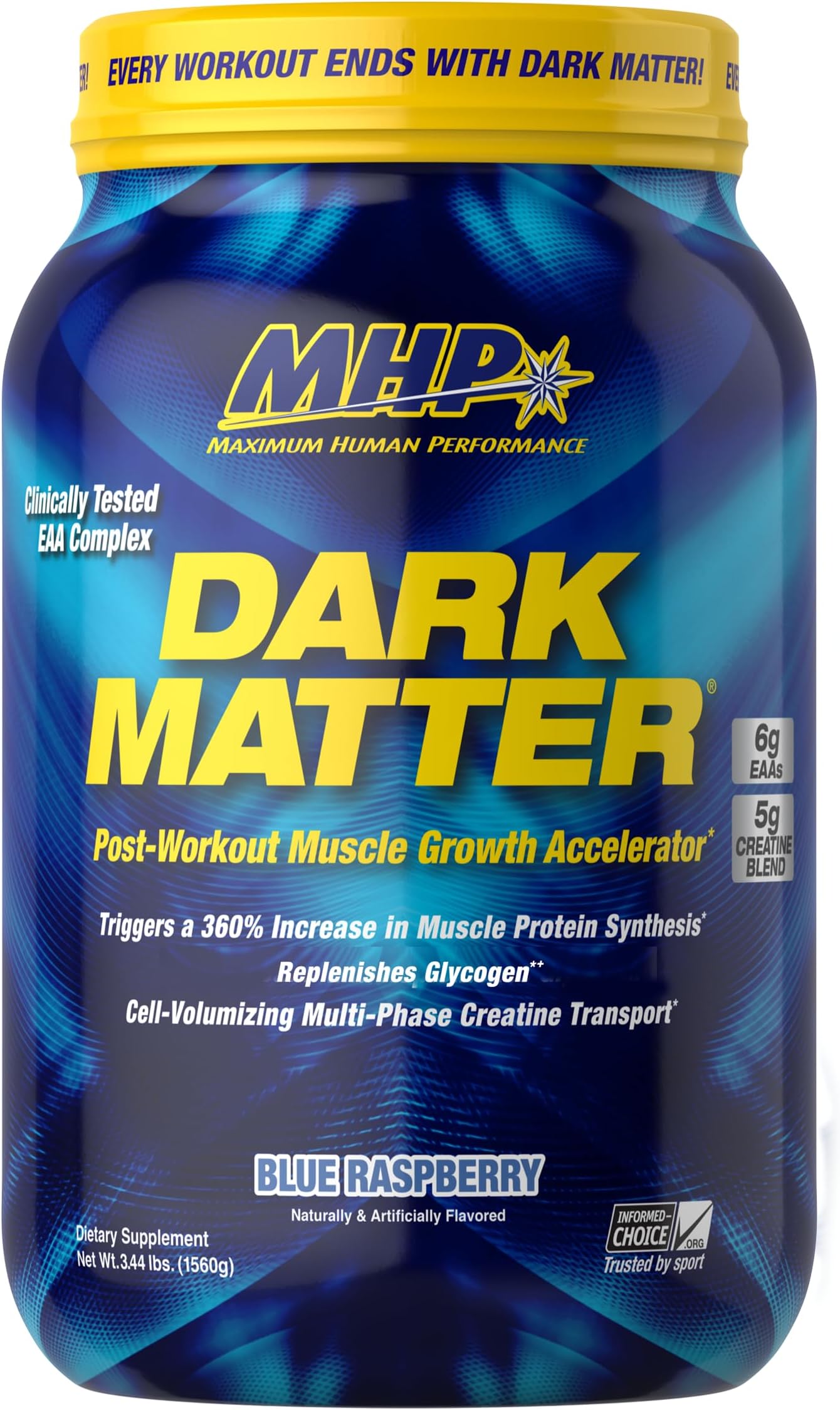Maximum Human Performance MHP Dark Matter Post Workout, Recovery Accelerator, w/Multi Phase Creatine, Waxy Maize Carbohydrate, 6g EAAs, Blue Raspberry, 20 Servings