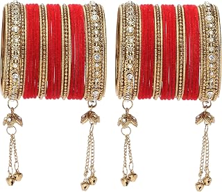ZENEME Gold-Plated Matte Finish Velvet American Diamond Studded Gold Pearl Tasselled Bangles Set Of 56 For Girls and Women Price In India